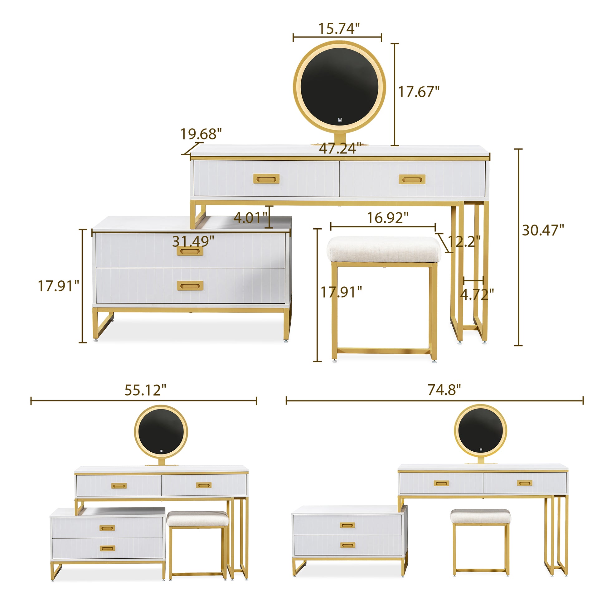 Modern Style Vanity Table With Movable Side Cabinet And 4 Drawers, Large Size Dressing Table With Mirror And 3 Colors Led Light, Makeup Table With Stool, White, Lden Legs Gold White 4 Drawers Mdf Metal