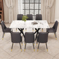 1 Table And 8 Chairs. A Rectangular Dining Table With A White Imitation Marble Tabletop And Black Metal Legs. Paired With 8 Chairs, Equipped With Pu Leather Seat Cushions And Black Metal Legs. F 1538 Black Glass Metal