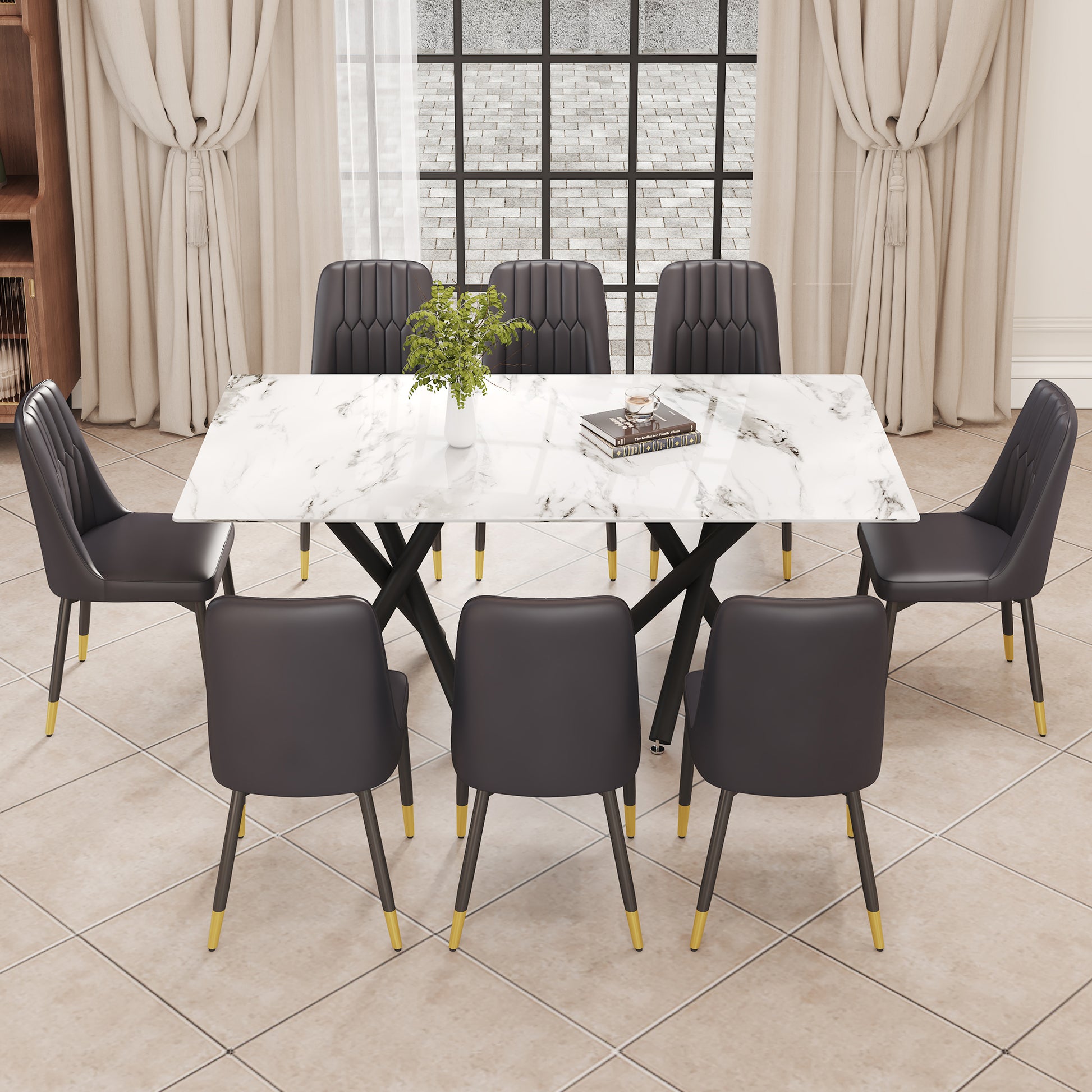 1 Table And 8 Chairs. A Rectangular Dining Table With A White Imitation Marble Tabletop And Black Metal Legs. Paired With 8 Chairs, Equipped With Pu Leather Seat Cushions And Black Metal Legs. F 1538 Black Glass Metal