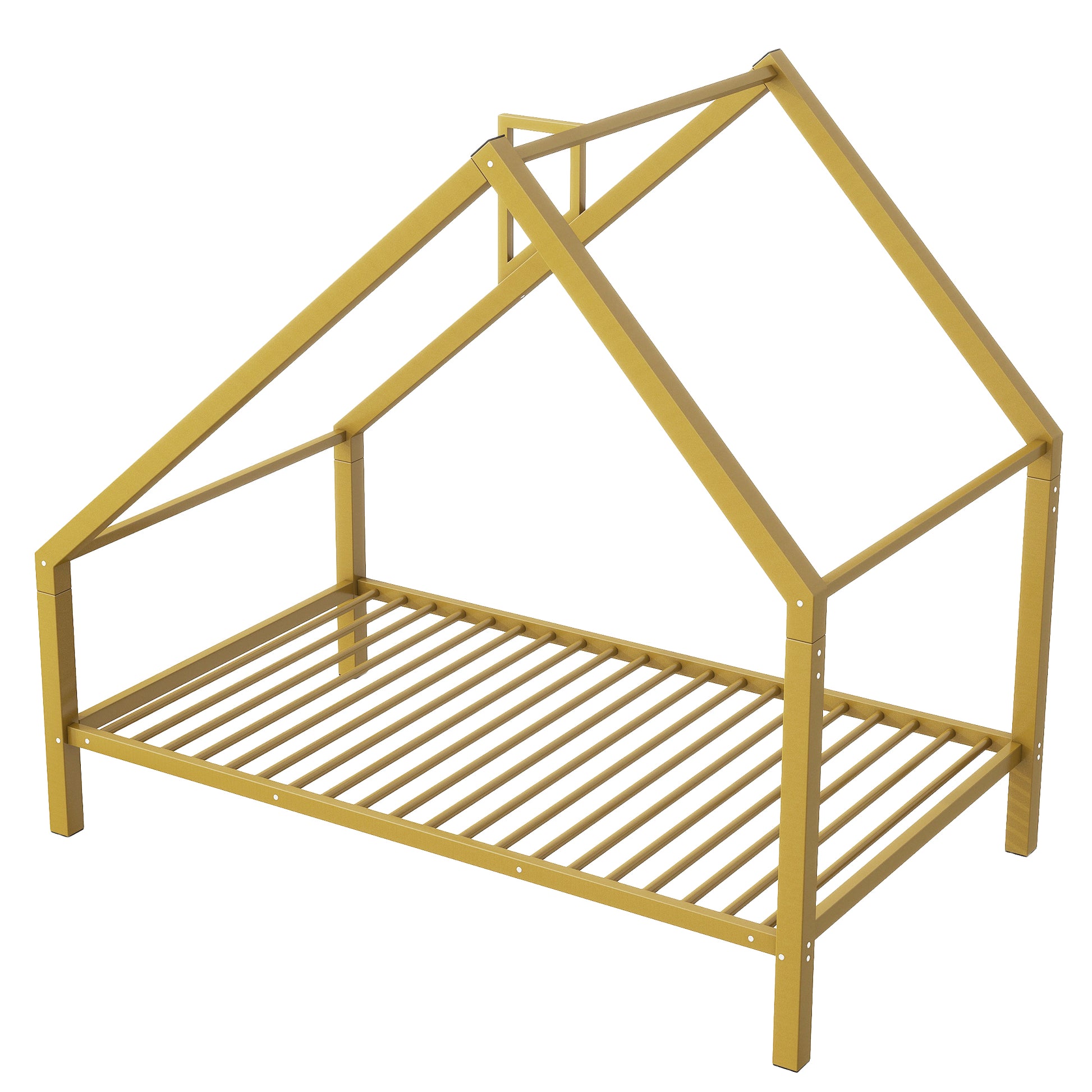 Twin Size Metal House Platform Bed With Roof And Chimney, Gold Box Spring Not Required Twin Gold Metal Bedroom Bed Frame Metal