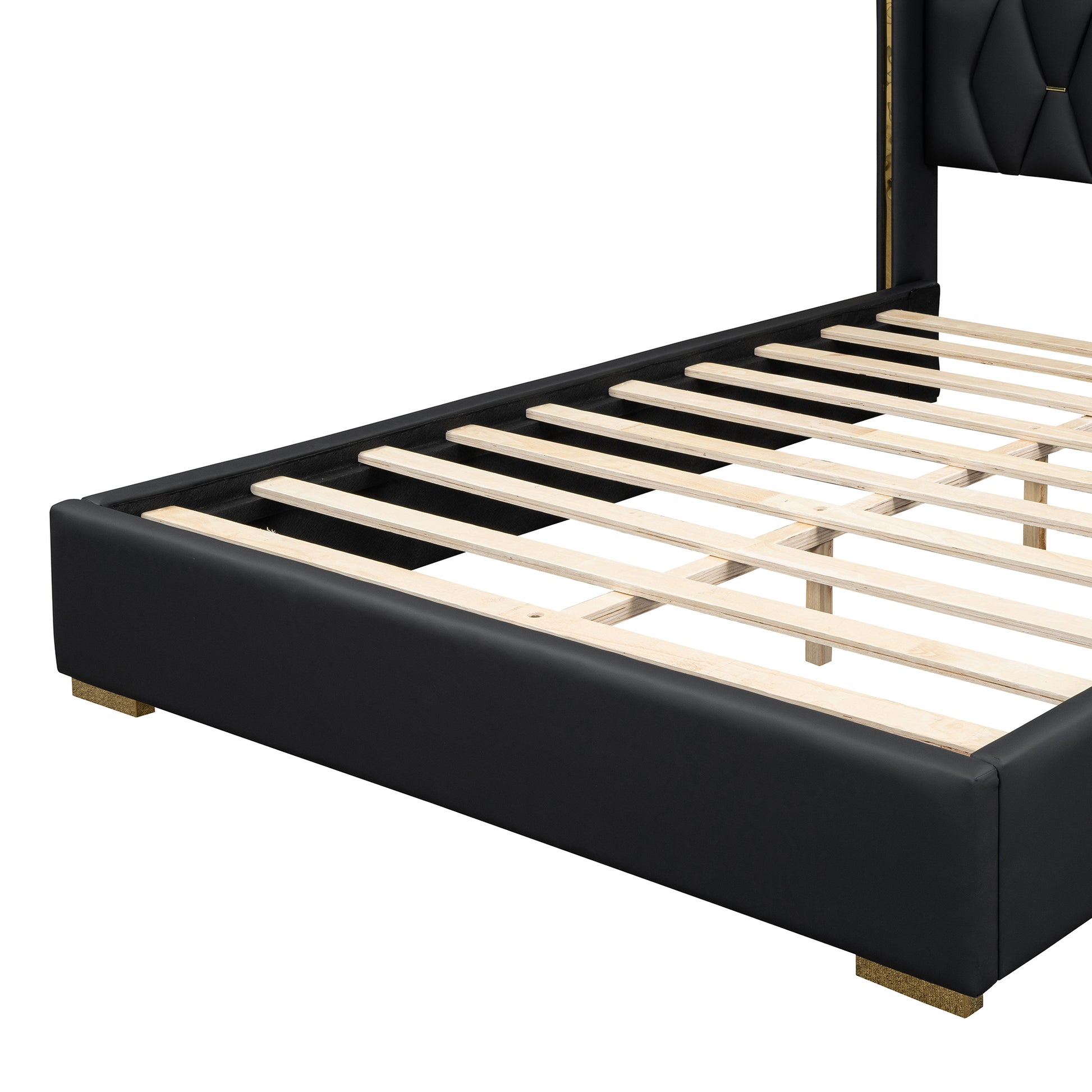 Full Size Upholstered Platform Bed With Metal Strips, Black Full Black Pu