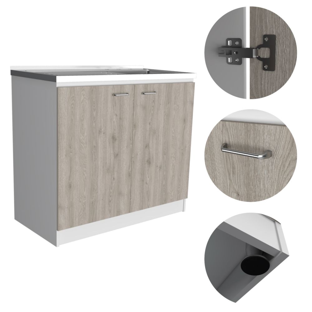 Freestanding Sink, Double Door Cabinet, Two Shelves, White Light Gray Multicolor Solid Wood Mdf Engineered Wood