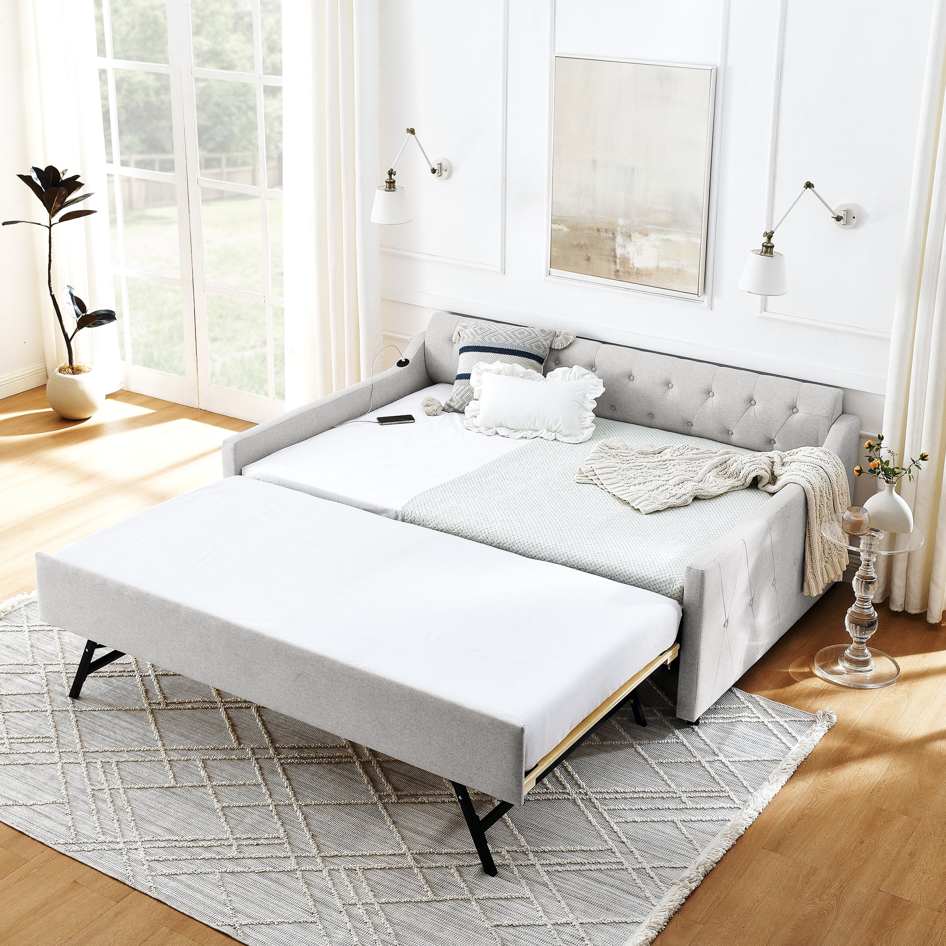 Full Size Upholstery Daybed With Twin Size Erectable Trundle And Usb Charging Design, Linen Beige Box Spring Not Required Full Beige Bedroom Linen Linen