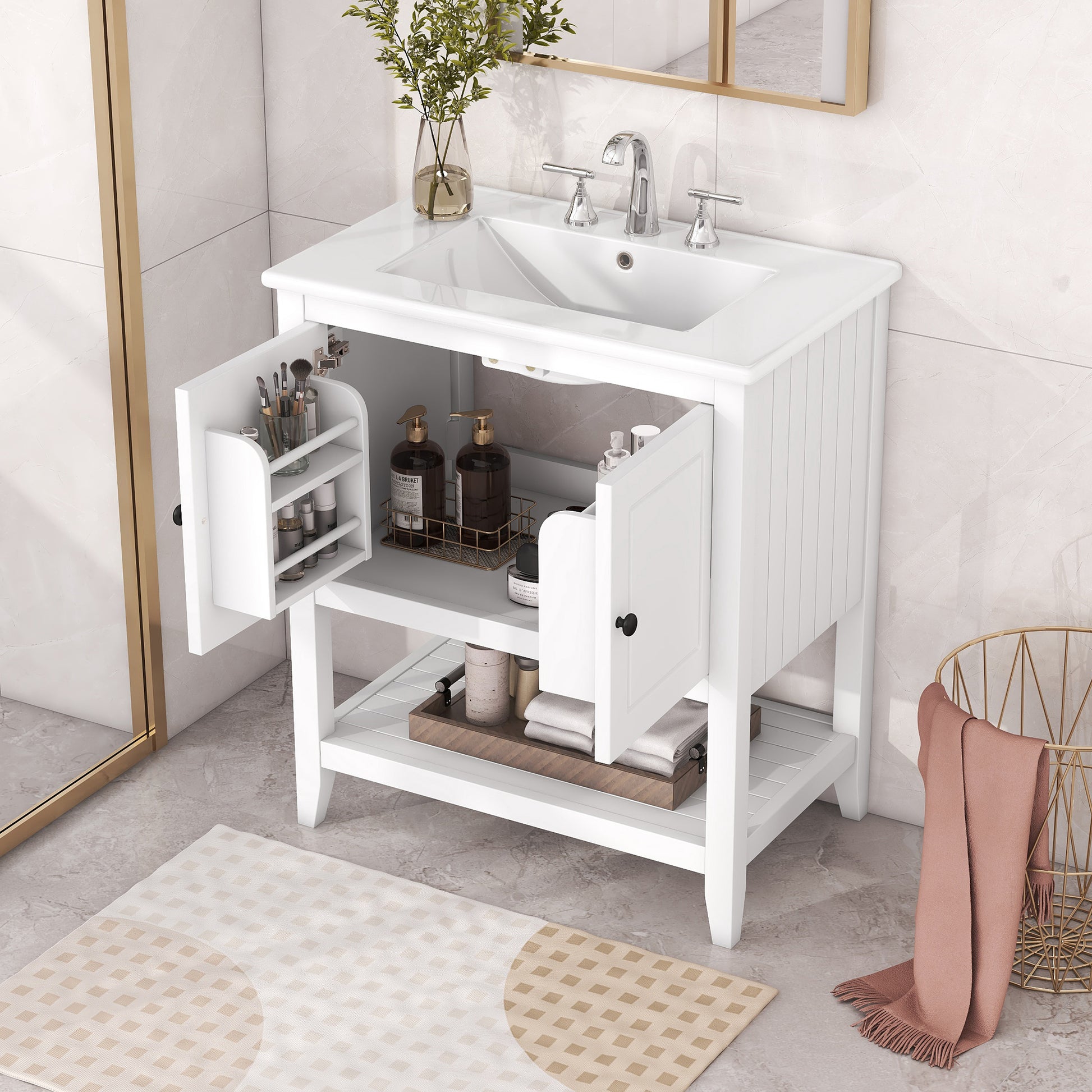 30" White Modern Sleek Bathroom Vanity Elegant Ceramic Sink With Solid Wood Frame Open Style Shelf & Door Shelf Design White Solid Wood