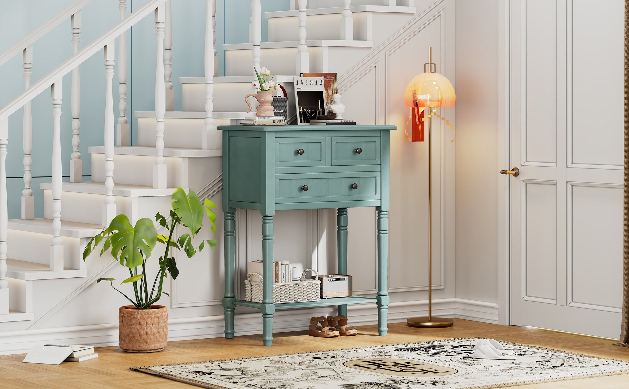 Narrow Console Table, Slim Sofa Table With Three Storage Drawers And Bottom Shelf Light Blue Light Blue Solid Wood Mdf
