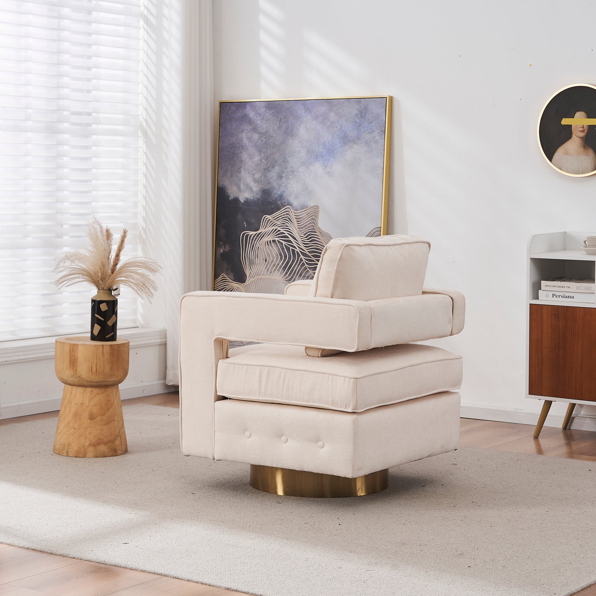 Swivel Barrel Chair For Living Room,360 Degree Swivel Club Modern Accent Single Sofa Chair, Small Leisure Arm Chair For Nursery, Hotel, Bedroom, Office Beige Primary Living Space Modern Linen