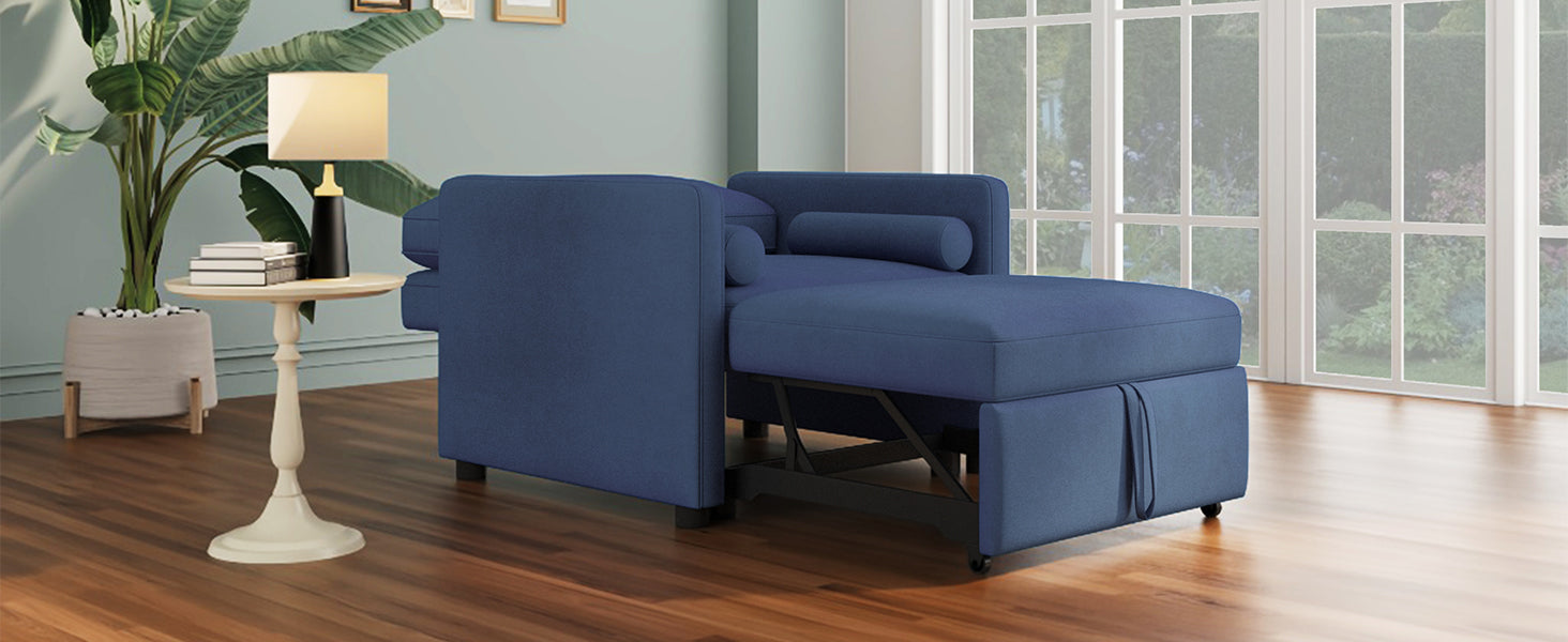 3 In 1 Convertible Sleeper Chair With Adjustable Backrest, Lounger Chair Turns Into Bed, Single Bed For Living Room, Velvet, Ink Blue Blue Velvet