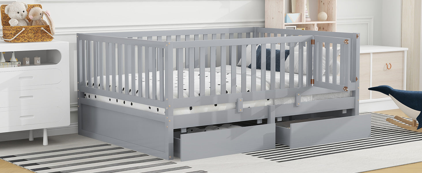 Full Size Wood Daybed With Fence Guardrails And 2 Drawers, Split Into Independent Floor Bed & Daybed, Gray Old Sku :Lp000882Aae Full Gray Solid Wood Mdf