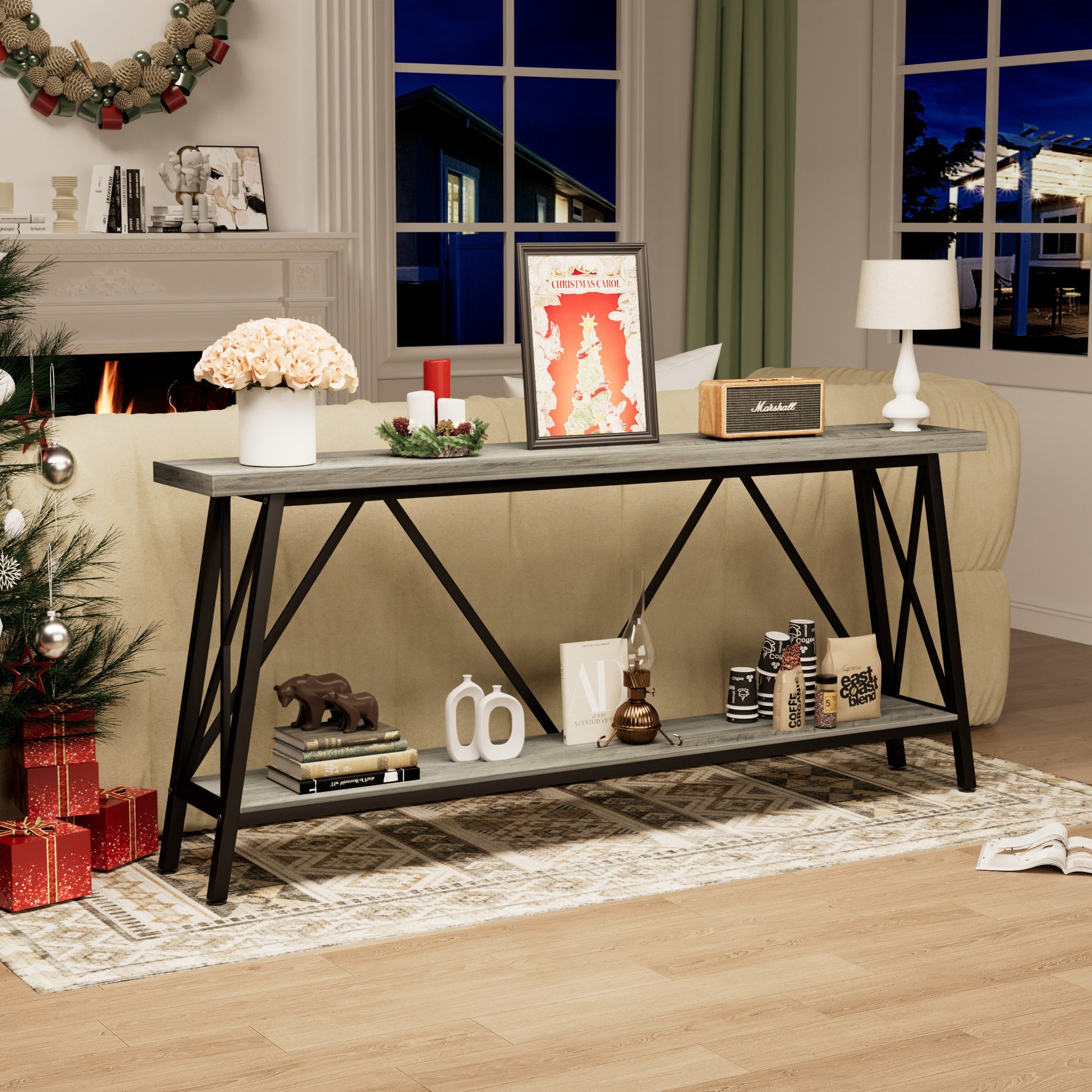 70.9 Inch Extra Long Sofa Table, Console Behind Sofa, Entryway Table With 2 Tier Storage Shelves For Hallways, Living Rooms,Foyers,Entryways,Banquet Rooms,Rustic Gray And Black, 70.9 L X 11.8"W X