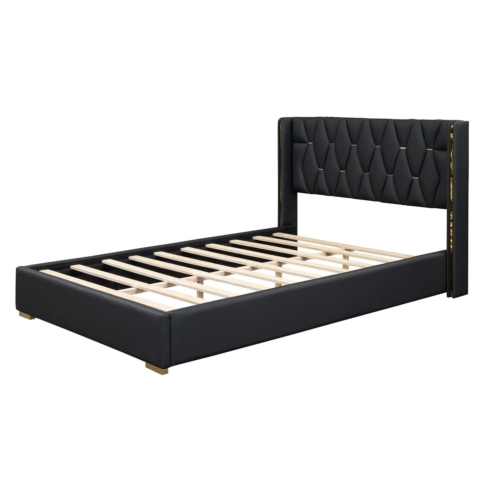 Full Size Upholstered Platform Bed With Metal Strips, Black Full Black Pu