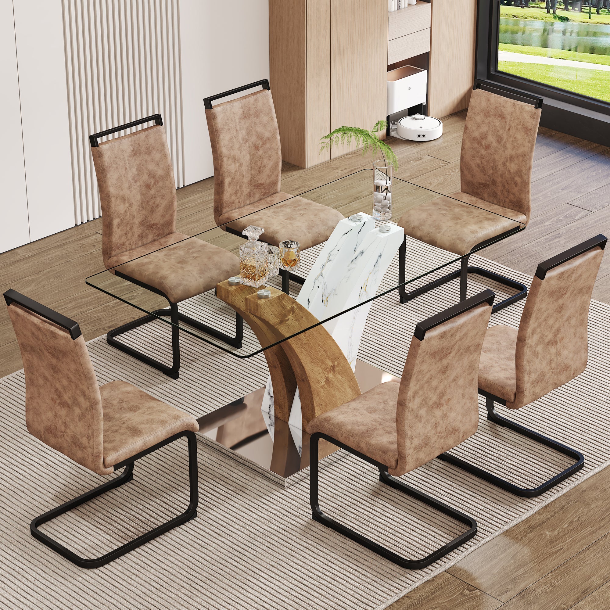 Table And Chair Set.Modern Dining Table, Tempered Glass Countertop With Artistic Mdf Legs.Paried With 6 Comfortable Chairs With Pu Seats And Metal Legs. Suitable For Various Decoration Styles. Black Brown,Transparent Seats 6 Mdf Metal