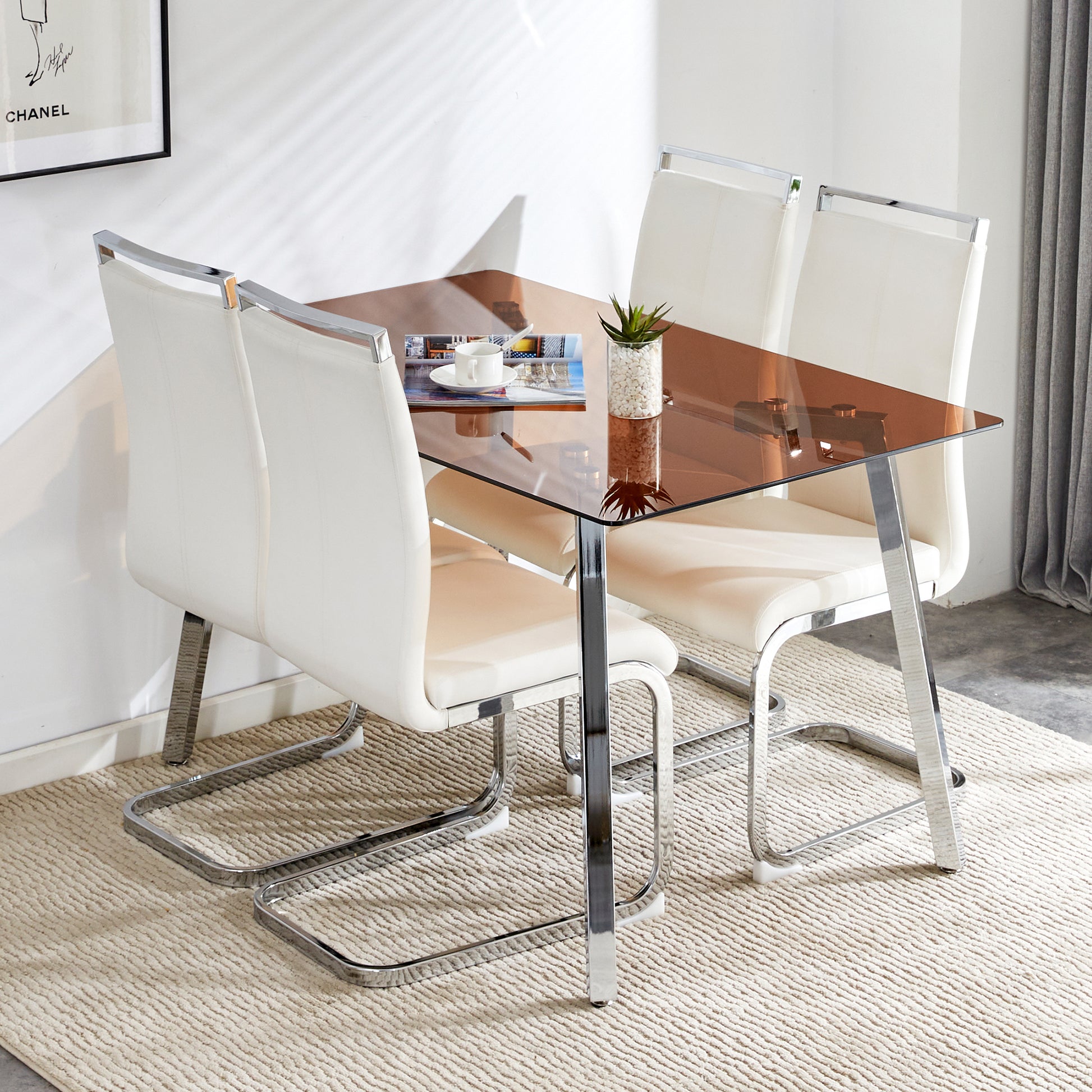 1 Table And 4 Chairs, Brown Tempered Glass Tabletop And Silver Metal Legs, Modern Minimalist Style Rectangular Glass Dining Table, Paired With 4 Modern Silver Metal Leg Chairs. 1123C 1162 Brown Seats 4 Glass