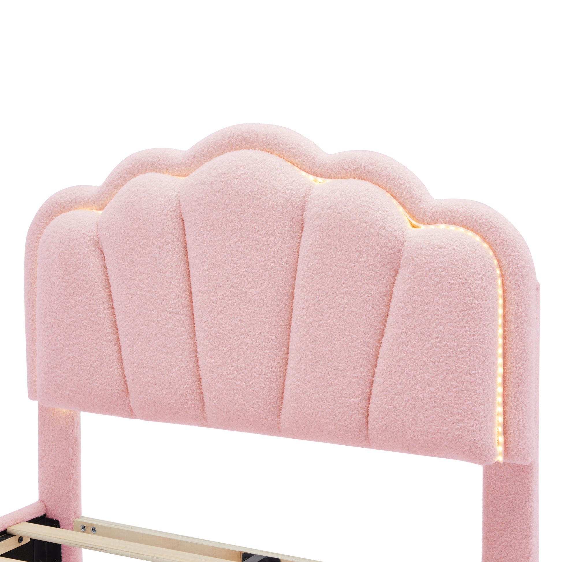 2 Pieces Bedroom Sets Twin Size Flower Shaped Upholstered Led Platform Bed With Storage Ottoman Sherpa Fabric, Pink Twin Pink 2 Piece Set Wood