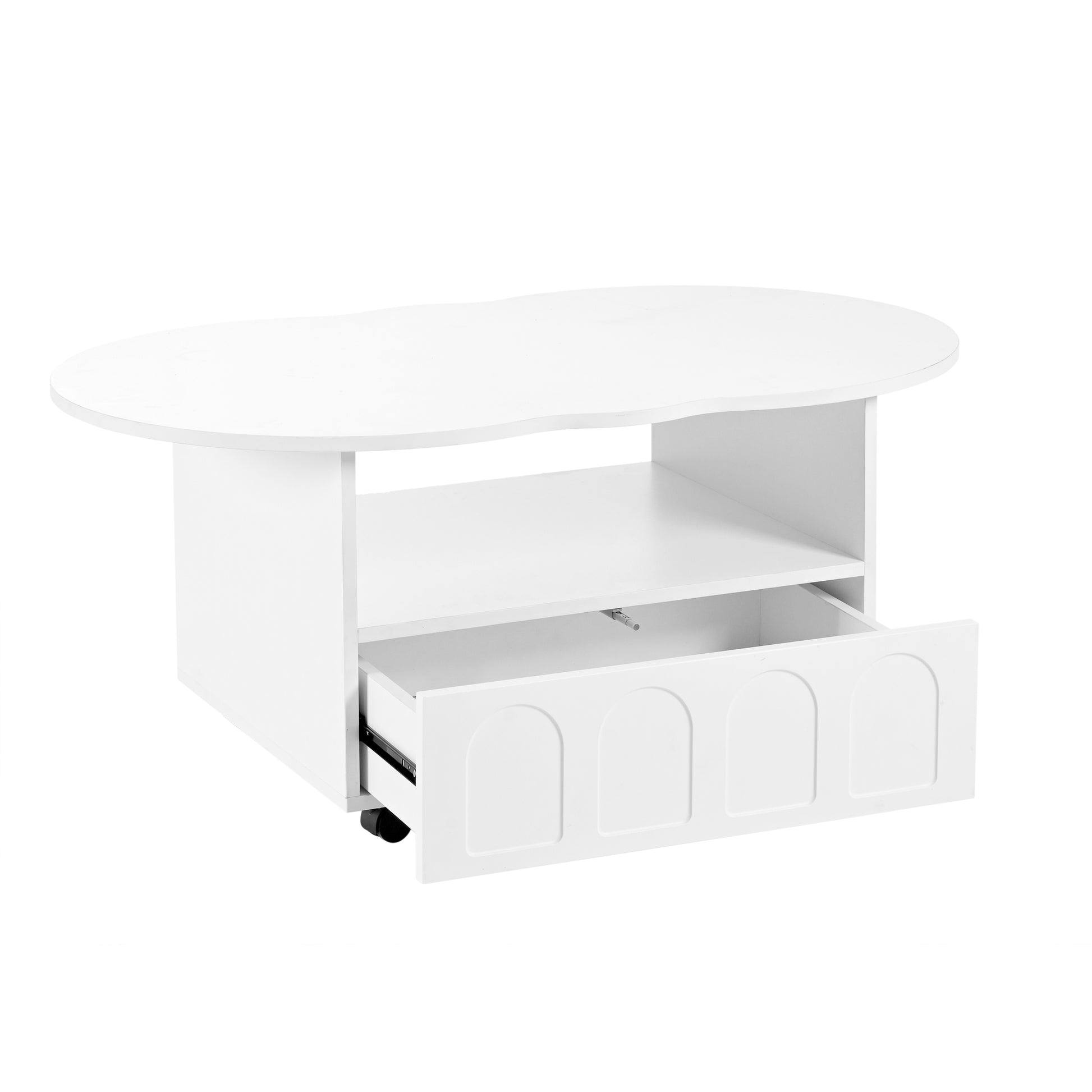 Flexible Cream Style Coffee Table With 2 Brake Wheels, Cloud Top Side Table With Drawer, Irregular Center Table With Large Storage For Living Room, White, 39.37''X 23.6'' White Particle Board
