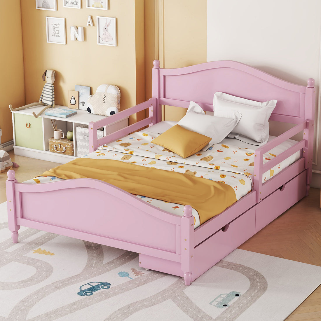 Full Size Wood Platform Bed With Guardrails On Both Sides And Two Storage Drawers ,Pink Full Pink Wood