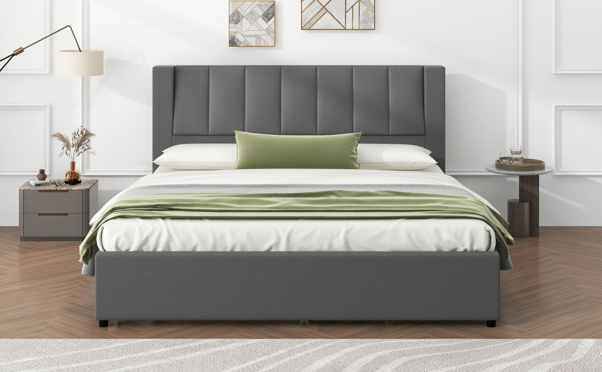 King Size Upholstery Platform Bed With Storage Headboard, 2 Drawers And Trundle, Gray King Gray Upholstered