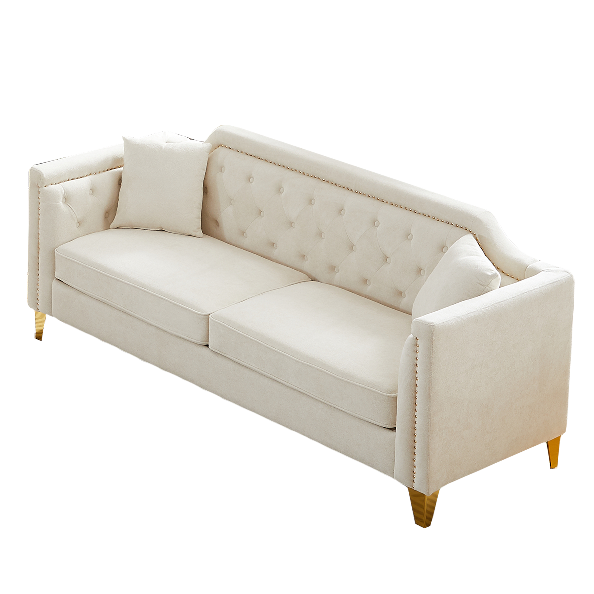 Fx 81"Mid Century Design Modern Sofa,Chenille Pull Buckle Design Sofa For Living Room,Buttons Tufted With Copper Nail Decoration Armrest, With 2 Pillows,Modern Couch Upholstered Button And Metal Leg Beige Chenille Pine Foam Fabric 3 Seat