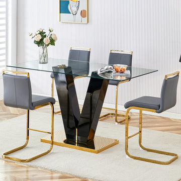 Table And Chair Set,Large Modern Minimalist Rectangular Glass Dining Table For 4 8 With 0.4" Tempered Glass Tabletop And Mdf Slab V Shaped Bracket, Pu And Gold Legs Of The Chair. Black Grey Seats 4 Tempered Glass