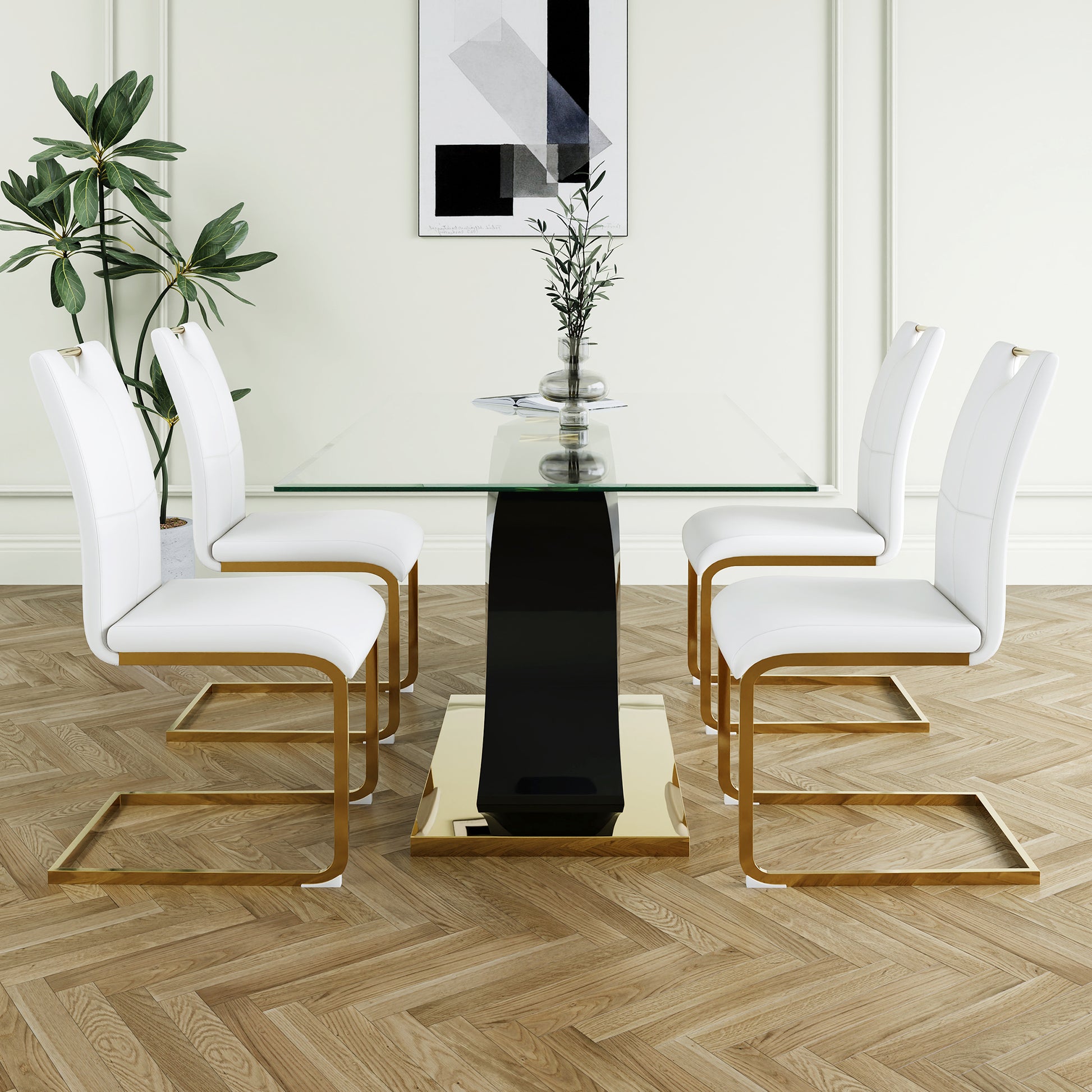 Modern Style Glass Dining Table, Elegant Transparent Design, Solid Support Base, White Dining Chair Set, Gold Plated Legs, Suitable For Restaurant Kitchen Use Set Of 5 White Gold Seats 4 Mdf Glass