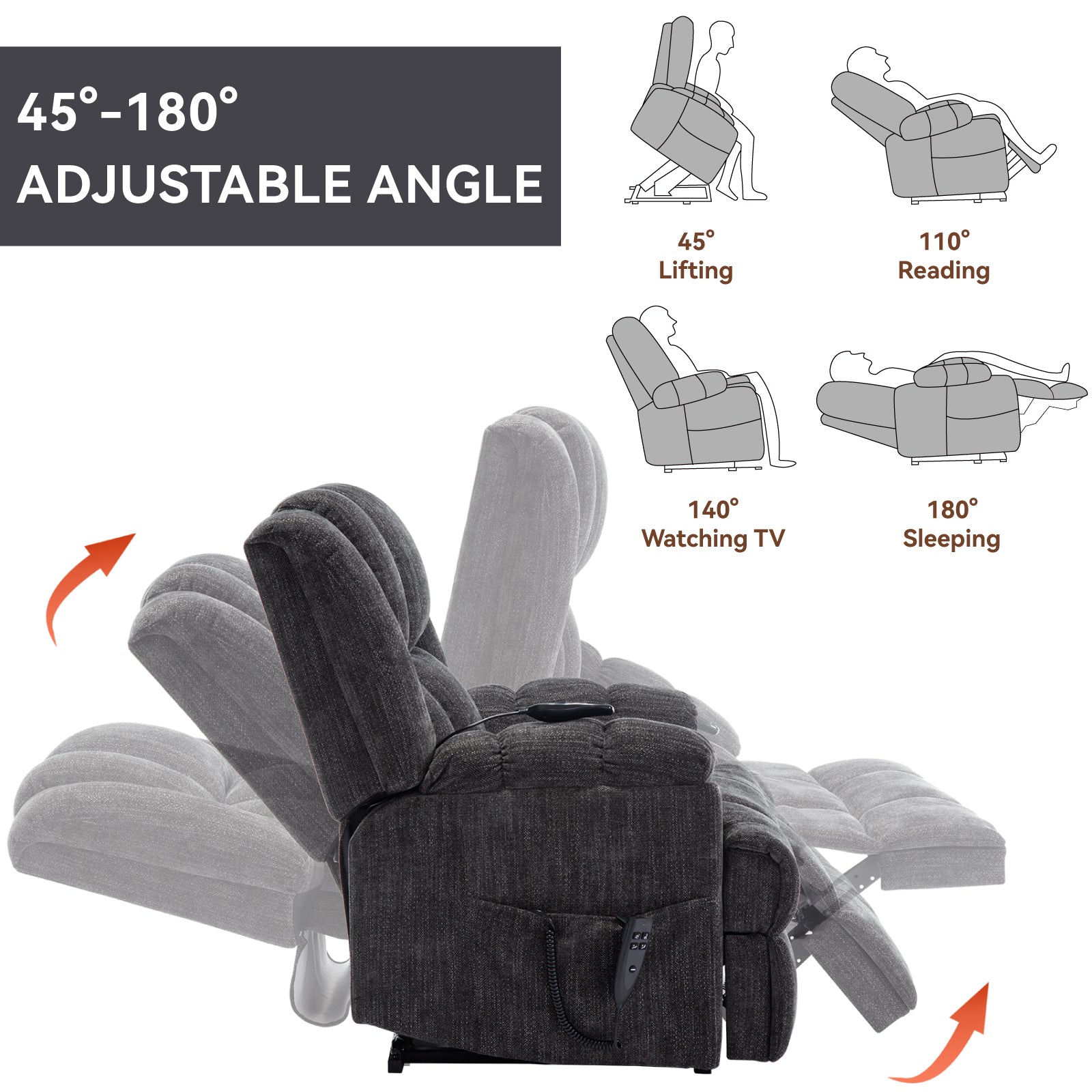 Dual Motor Heat Massage Infinite Position Up To 350 Lbs Electric Power Lift Recliners With Power Remote, Medium Firm And Heavy Duty, Grey White Metal Primary Living Space Heavy Duty Pine Grey Chenille Power Remote Medium Firm Cushion Back American Design