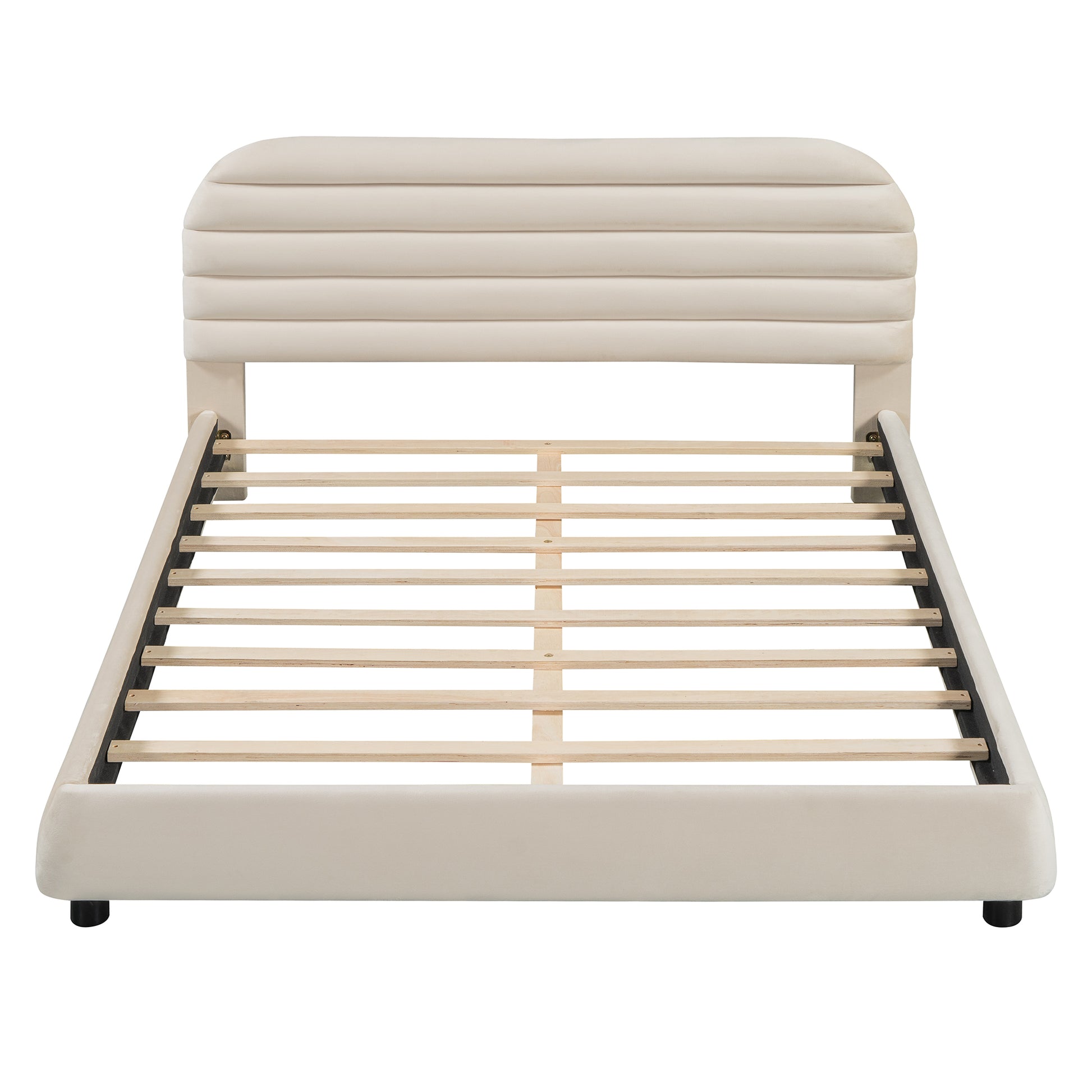Queen Size Velvet Upholstered Platform Bed,Solid Frame And Stylish Curve Shaped Design, Beige Queen Beige Velvet