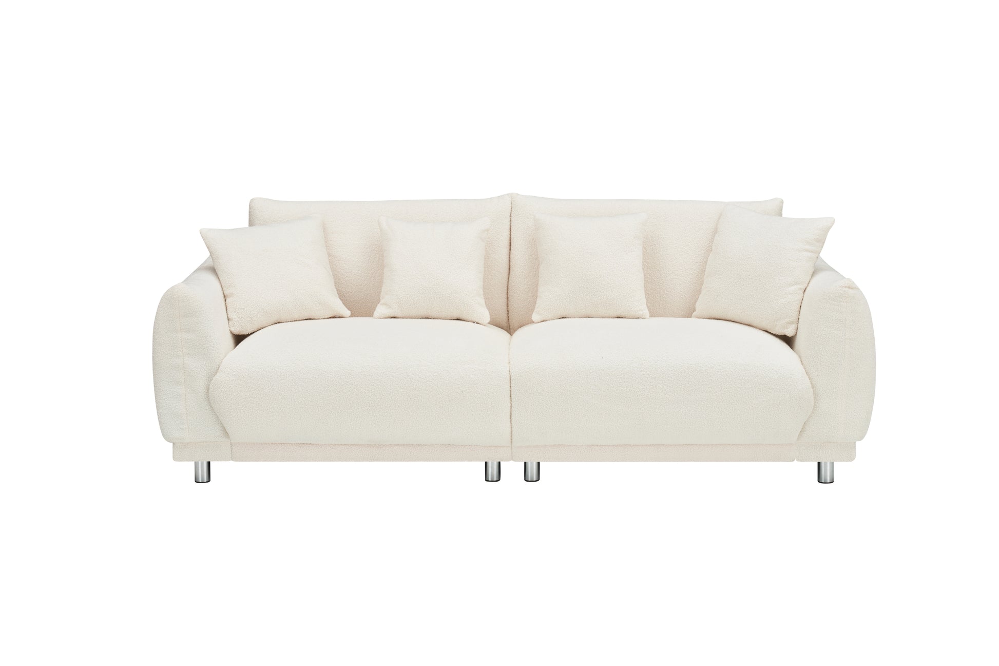 The 86.6 Inch Teddy Wool Beige Sofa With Four Throw Pillows And Hardware Feet Can Sit Comfortably In An Apartment Bedroom Without Taking Up Space Beige Fabric 2 Seat