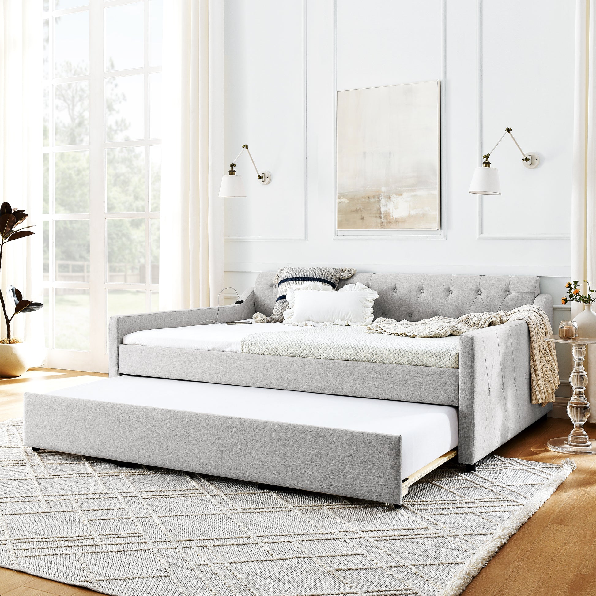 Full Size Upholstery Daybed With Twin Size Erectable Trundle And Usb Charging Design, Linen Beige Box Spring Not Required Full Beige Bedroom Linen Linen