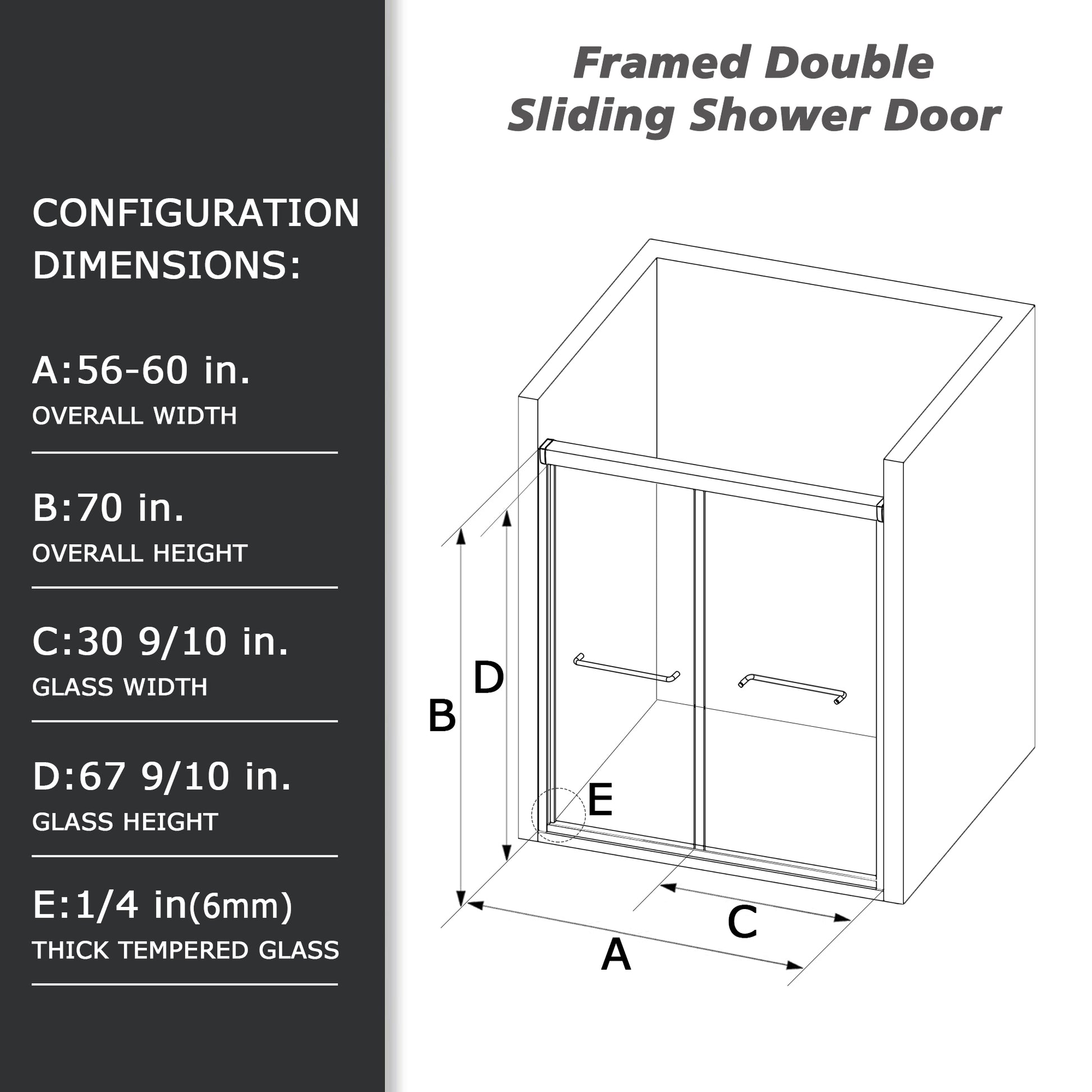 56" 60"W X 70"H Framed Shower Door, Bathroom Double Sliding Shower Door, 1 4" 6Mm Clear Tempered Glass, Bypass Glass Door, Brushed Titanium Finish Brushed Titanium Bathroom American Design Glass