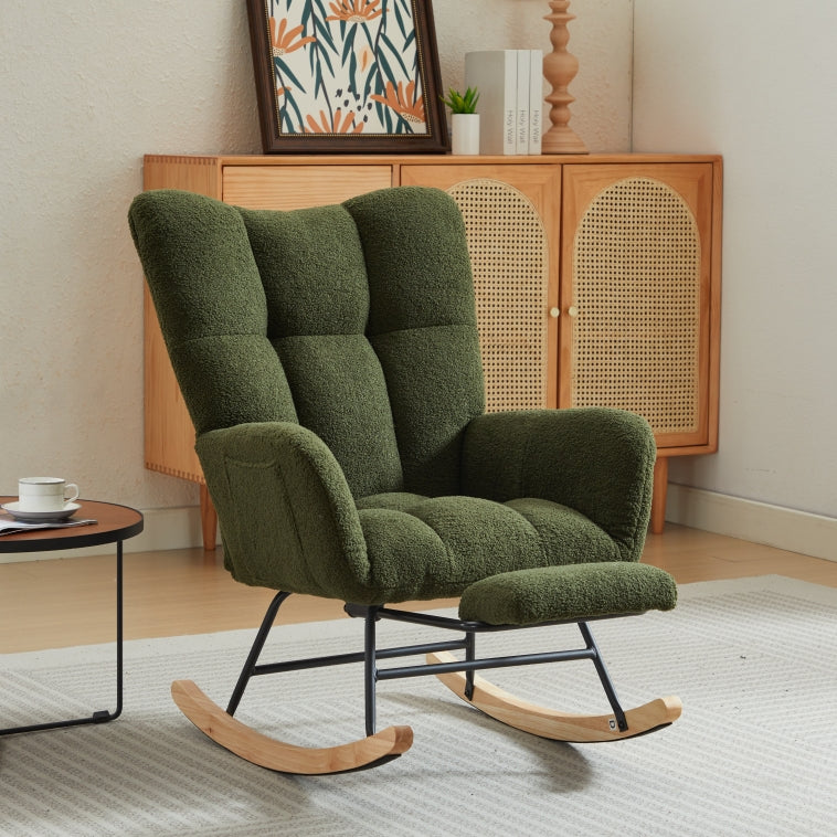 Modern Nursery Rocking Chair, Upholstered Glider Chair With High Backrest, Rocker Accent Armchair With Solid Wood Legs For Nursery Bedroom Living Room Drak Green Dark Green Teddy