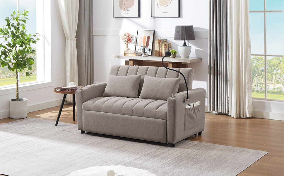 55.9" Convertible Sofa Bed Loveseat Sofa With Three Usb Ports, Two Side Pockets, Two Cup Holders And 360 Swivel Phone Holder For Living Room, Light Grey Light Grey Foam Polyester