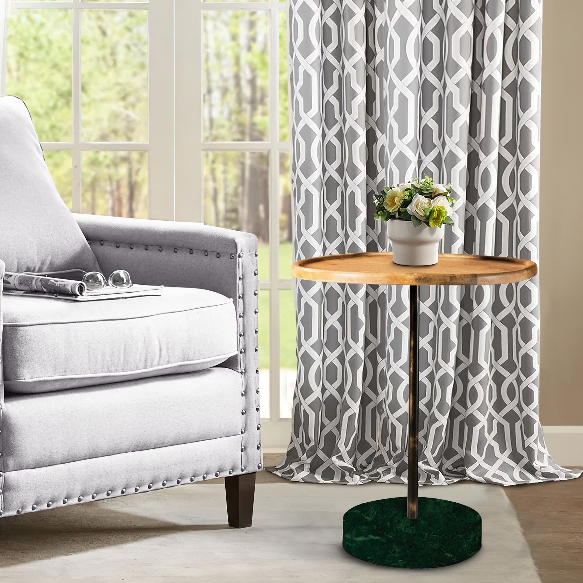 26 Inch Modern Accent Table, Round Tray Top, Dark Green Marble Base, Brown Black Brown Wood Metal