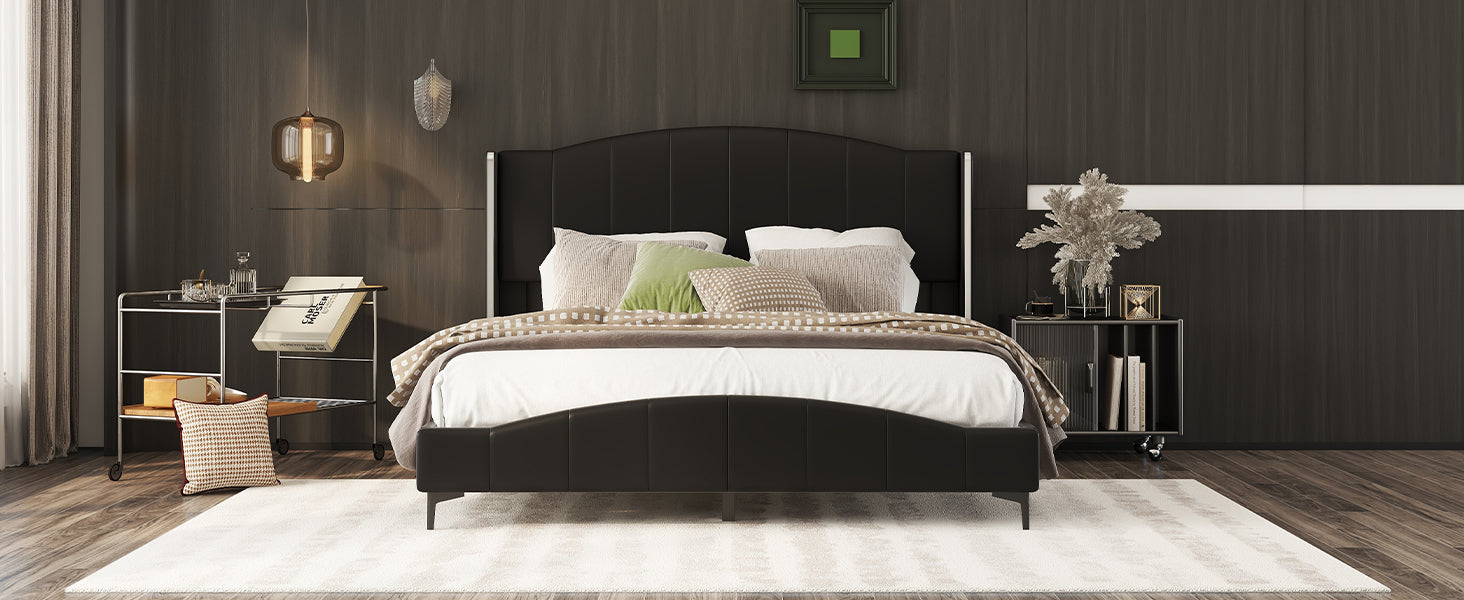 Queen Size Pu Leather Upholstered Platform Bed, Headboard With Wingback And Metal Bar Accents, No Box Spring Required, Black Queen Black Pu