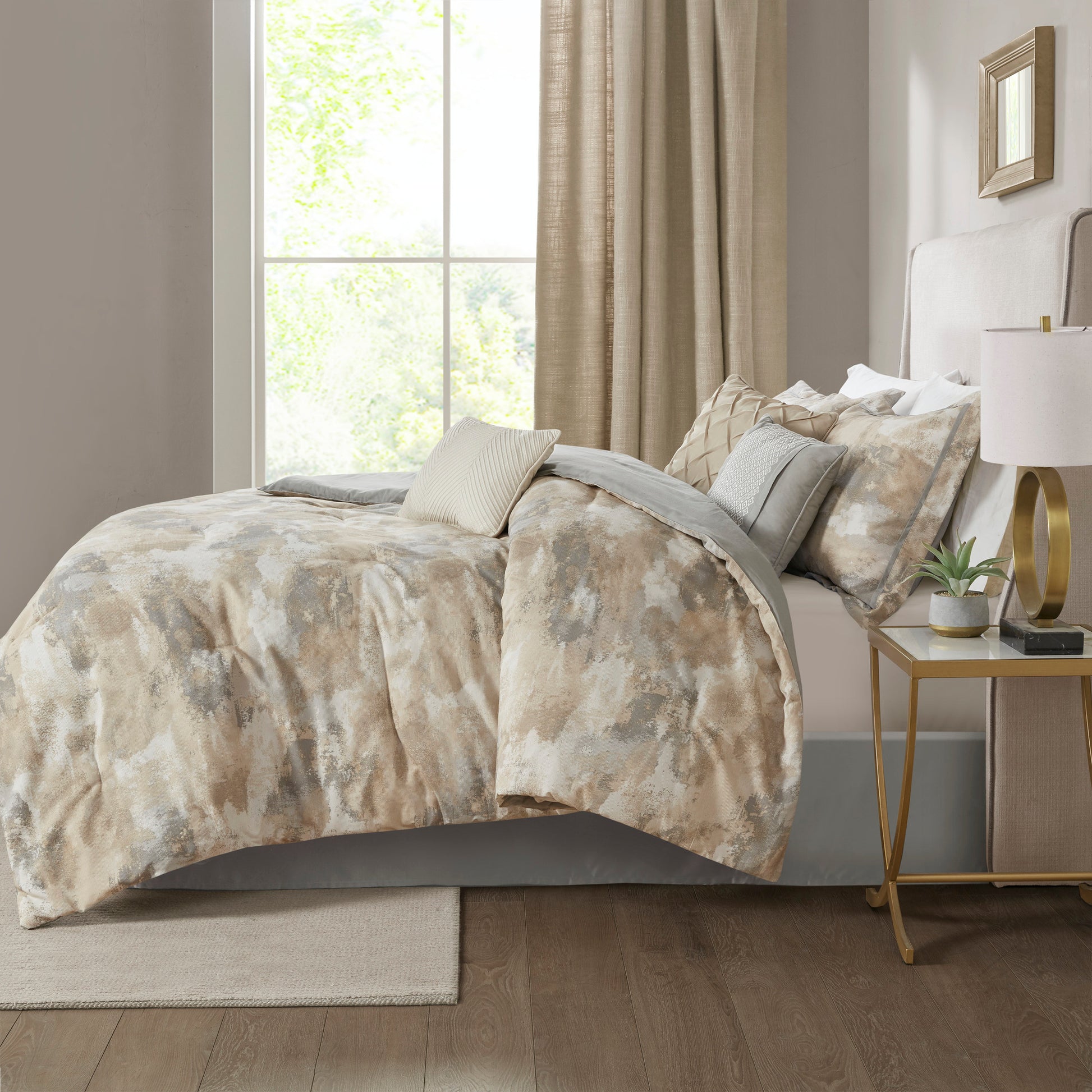 7 Piece Textured Cotton Blend Comforter Set Gray Cal King California King Multicolor Polyester