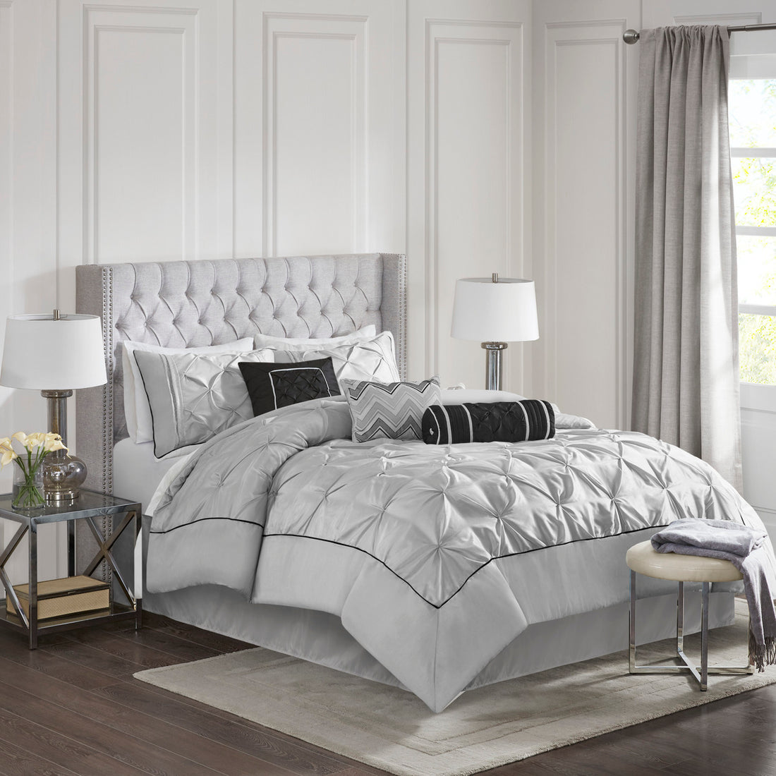 7 Piece Tufted Comforter Set Grey Full Full Grey Polyester