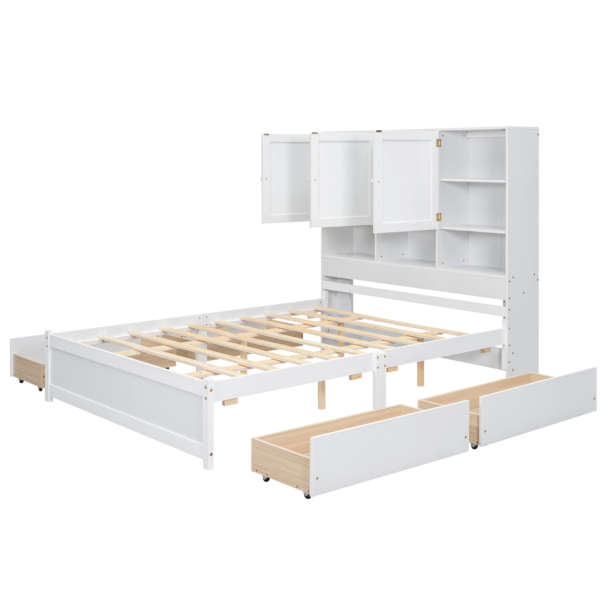 Queen Size Platform Bed With Storage Headboard And 4 Drawers, White Box Spring Not Required Queen White Wood Bedroom Bed Frame Solid Wood Mdf