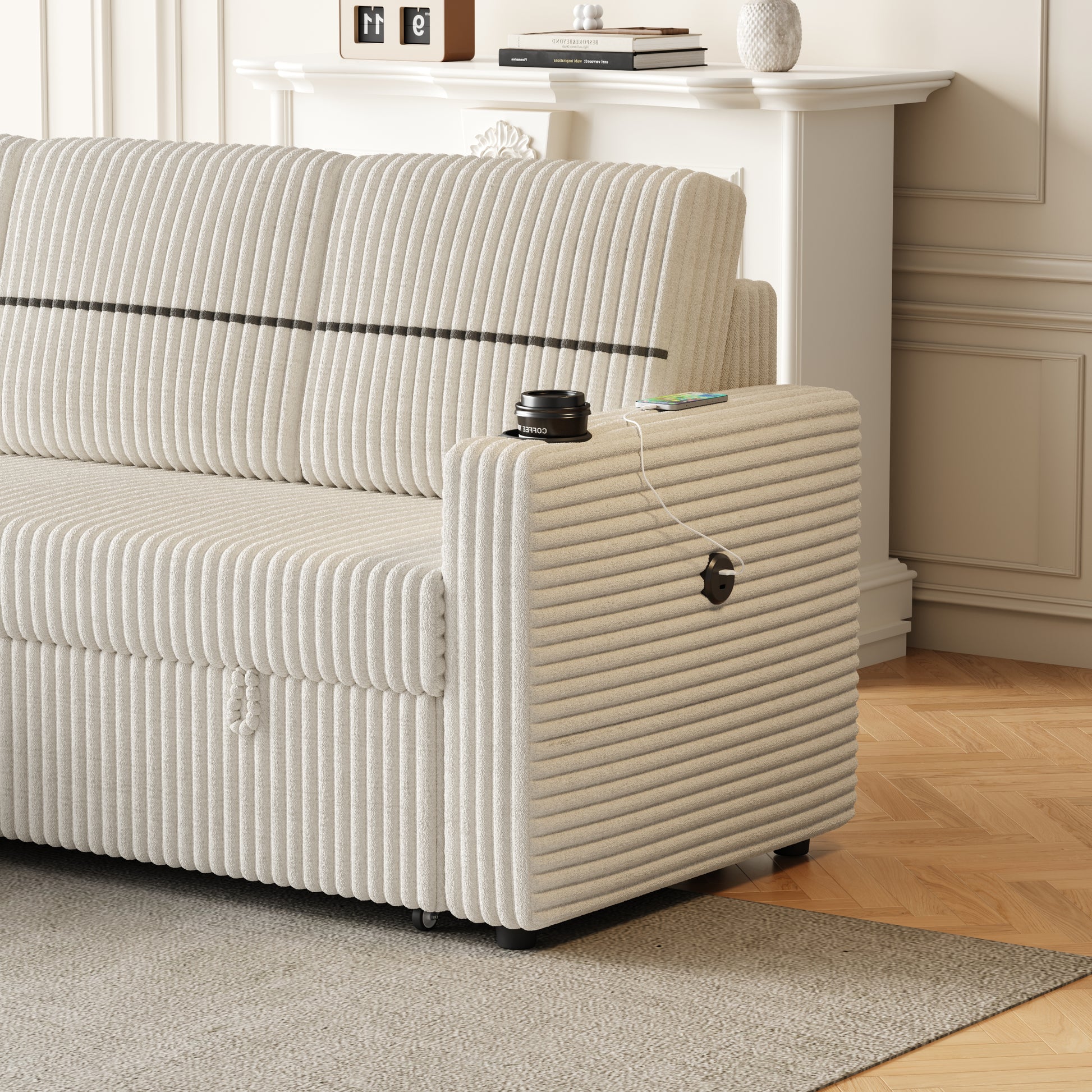 85 Inches Corduroy Sofa Bed, 3 Seater Sleeper Sofa With Storage Chaise, Square Handrail With Two Cup Holder And Usb Charge Port, Pull Out Couch For Living Room Beige Corduroy 3 Seat