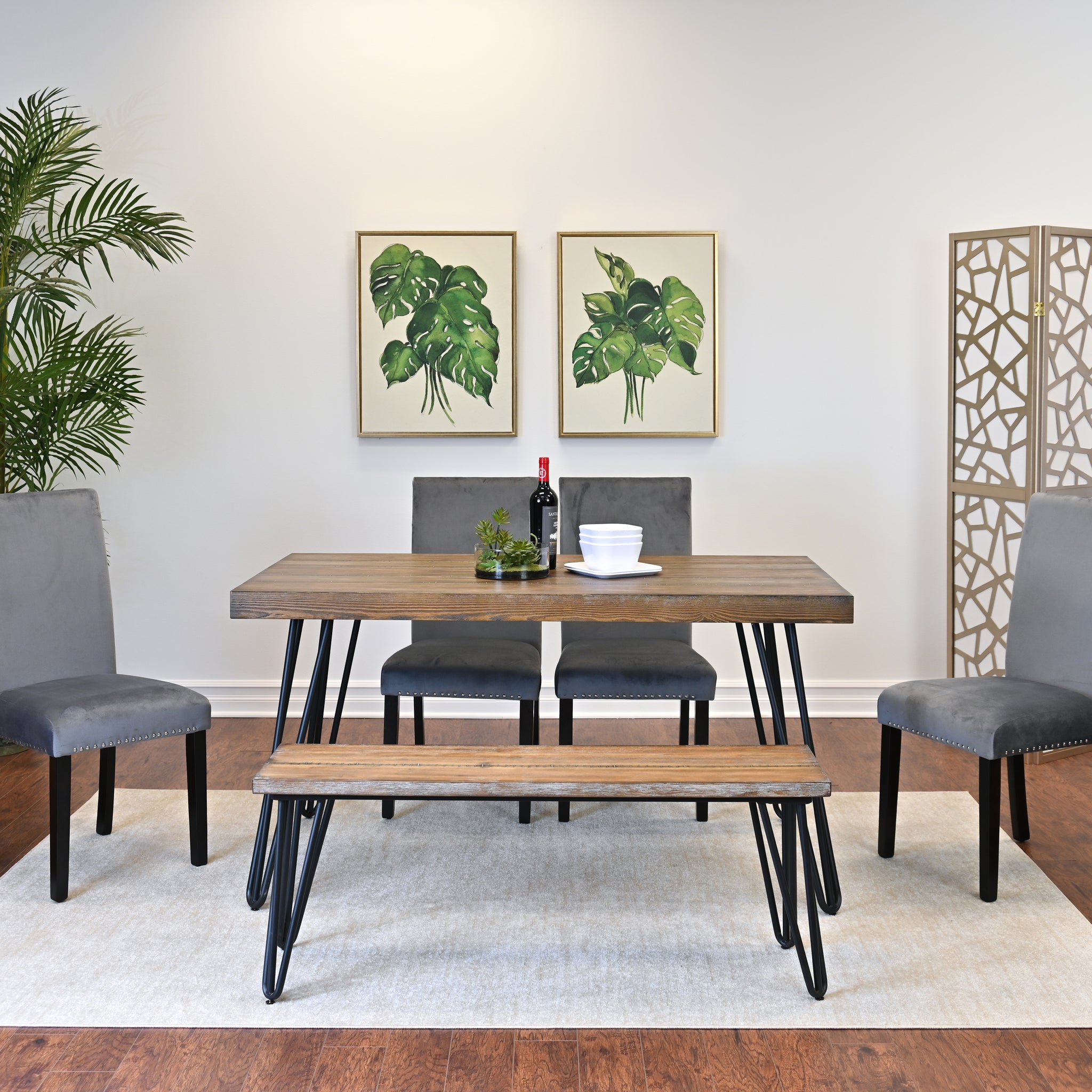 Aso 6 Piece Dining Set, Hairpin Dining Table With 4 Chairs And Bench, 3 Color Options Brown Metal Dining Room Fixed Table Rubberwood Rectangular Dining Table With Chair And Bench Metal Wood Brown Seats 6 Rectangular 4 Leg Mdf Metal