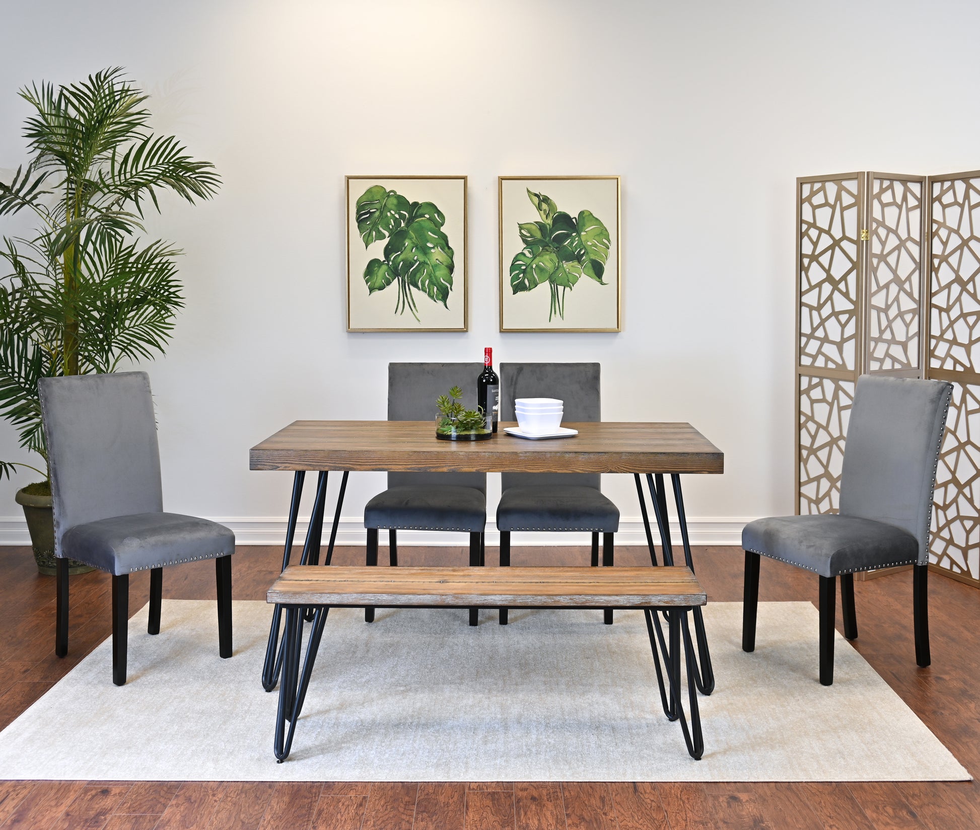 Aso 6 Piece Dining Set, Hairpin Dining Table With 4 Chairs And Bench, 3 Color Options Brown Metal Dining Room Fixed Table Rubberwood Rectangular Dining Table With Chair And Bench Metal Wood Brown Seats 6 Rectangular 4 Leg Mdf Metal