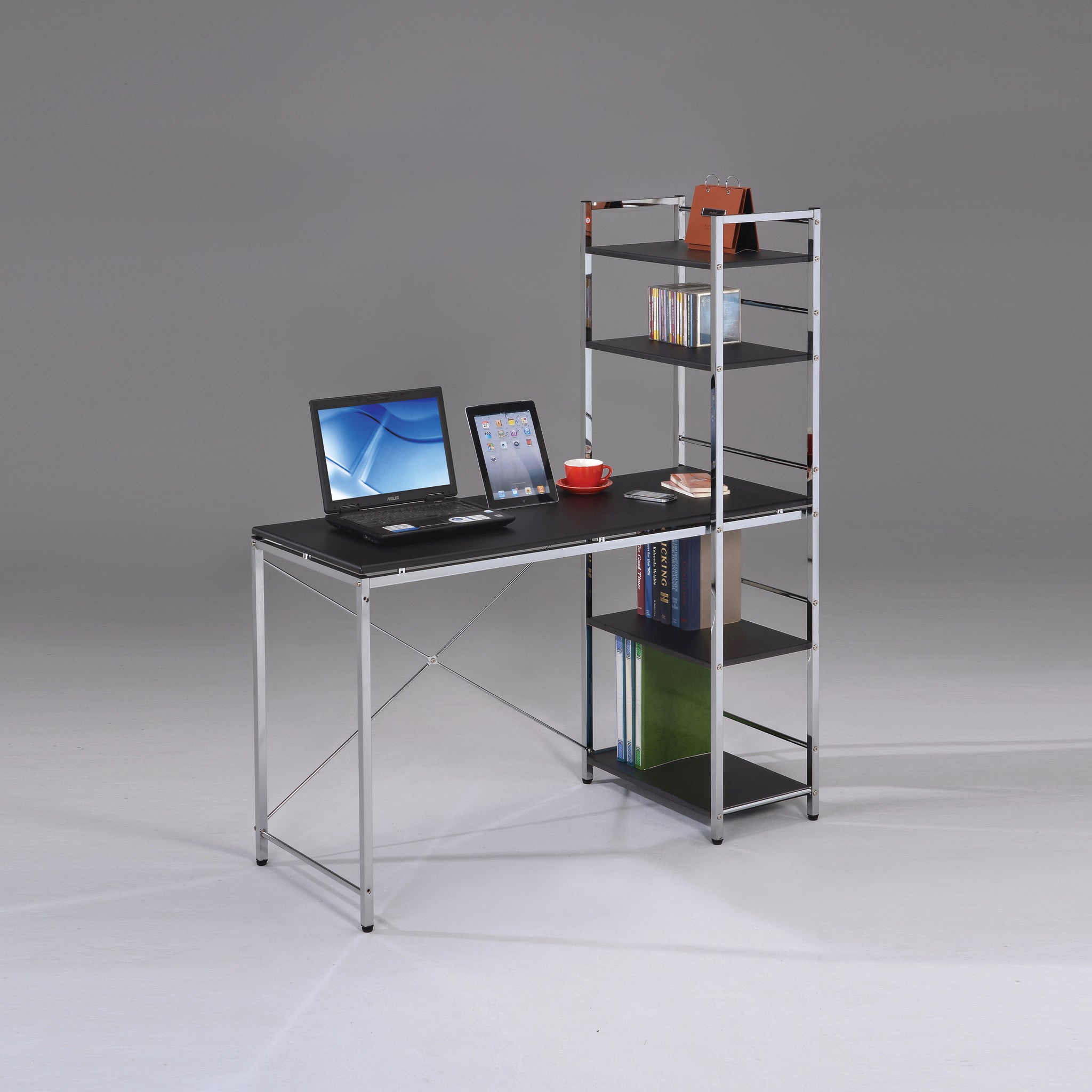 Elvis Black & Chrome Finish Writing Desk W Shelves Black,Chrome Metal,Synthetic Wood