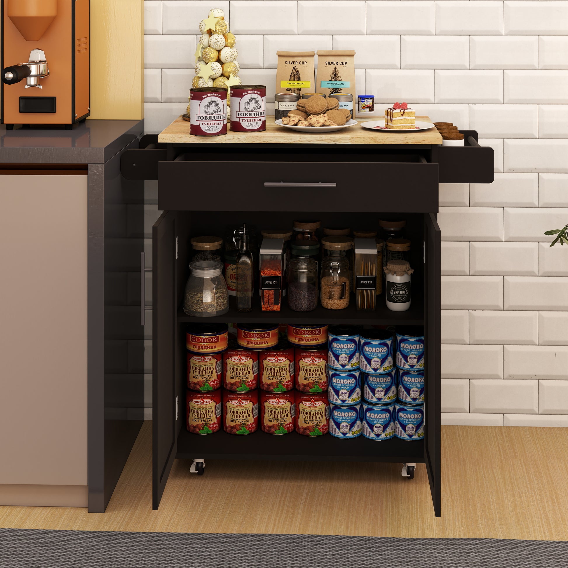 Kitchen Island Rolling Trolley Cart With 1 Drawer & 2 Doors With Adjustable Shelves & Towel Rack & Seasoning Rack Rubber Wood Table Top Black Black Mdf