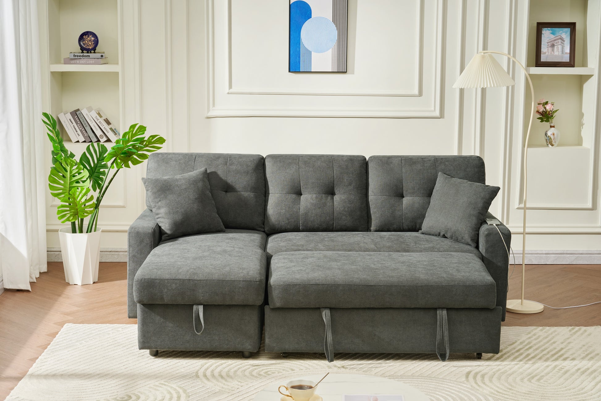 Sectional Sofa Bed L Shaped Sofa Couch Bed With Usb Port, Reversible Sofa Couch Sleeper With Pull Out Bed, Chaise With Storage, Pull Out Couch For Living Room Dark Gray Wood Fabric 3 Seat