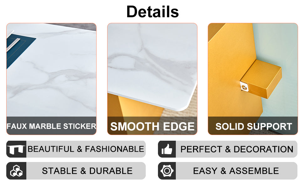 Table And Chair Set.Large Modern Rectangular Table With 0.4 Inch Patterned Glass Tabletop And Large Mdf Table Legs.Comes With 6 Chairs With Faux Leather Cushioned Seats And Golden Metal Legs. Gold White Seats 6 Mdf Glass