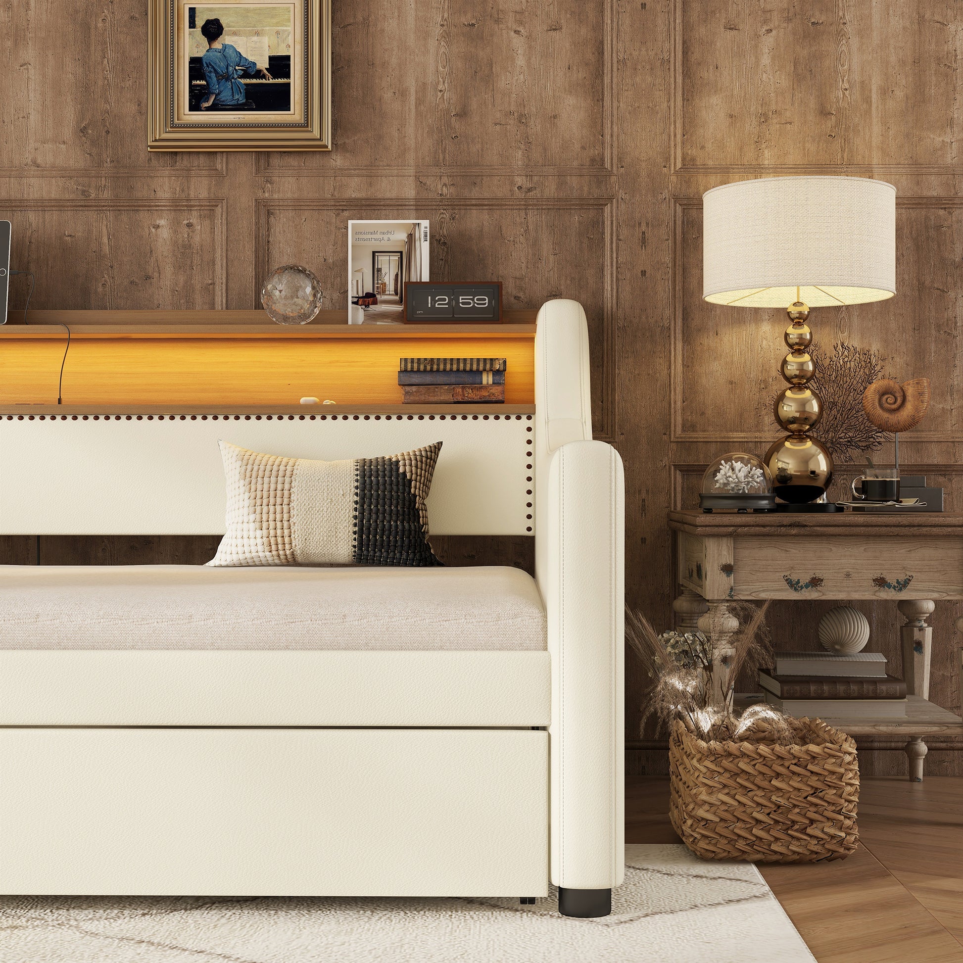 Twin Size Daybed With Trundle, Upholstered Daybed With Charging Station And Led Lights, White Twin White Pu Leather