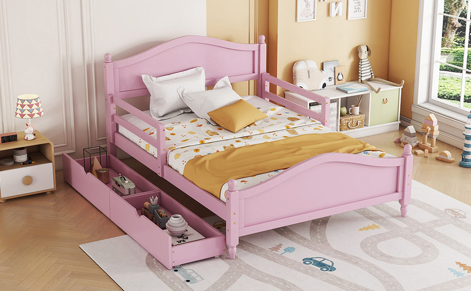 Full Size Wood Platform Bed With Guardrails On Both Sides And Two Storage Drawers ,Pink Full Pink Wood