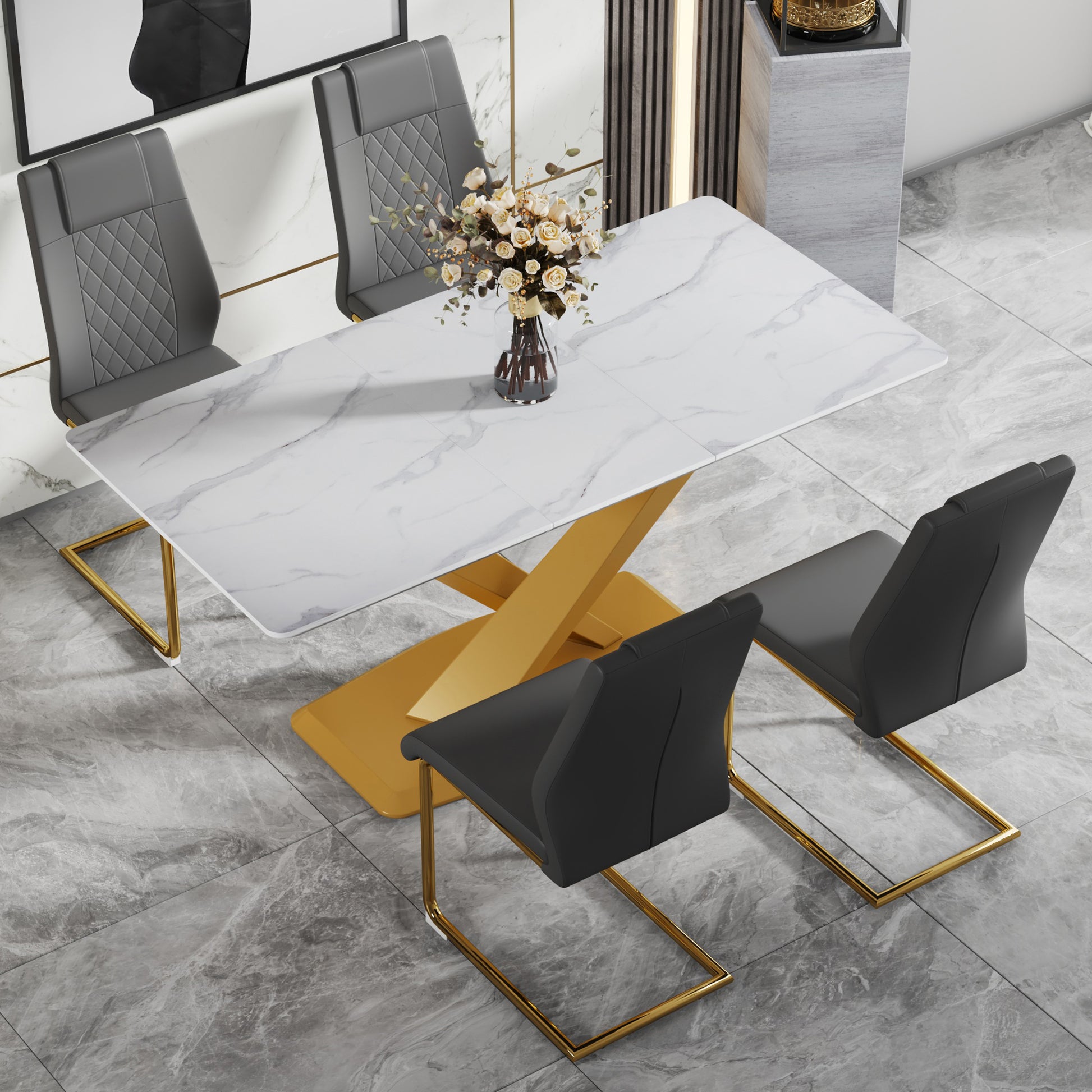 Table And Chair Set, The Table Is Equipped With A Marble Patterned Mdf Tabletop And Gold Table Legs.Dining Chairs,Gold Legged Upholstered Chairs Made Of Artificial Leather. Grey Gold Seats 4 Mdf