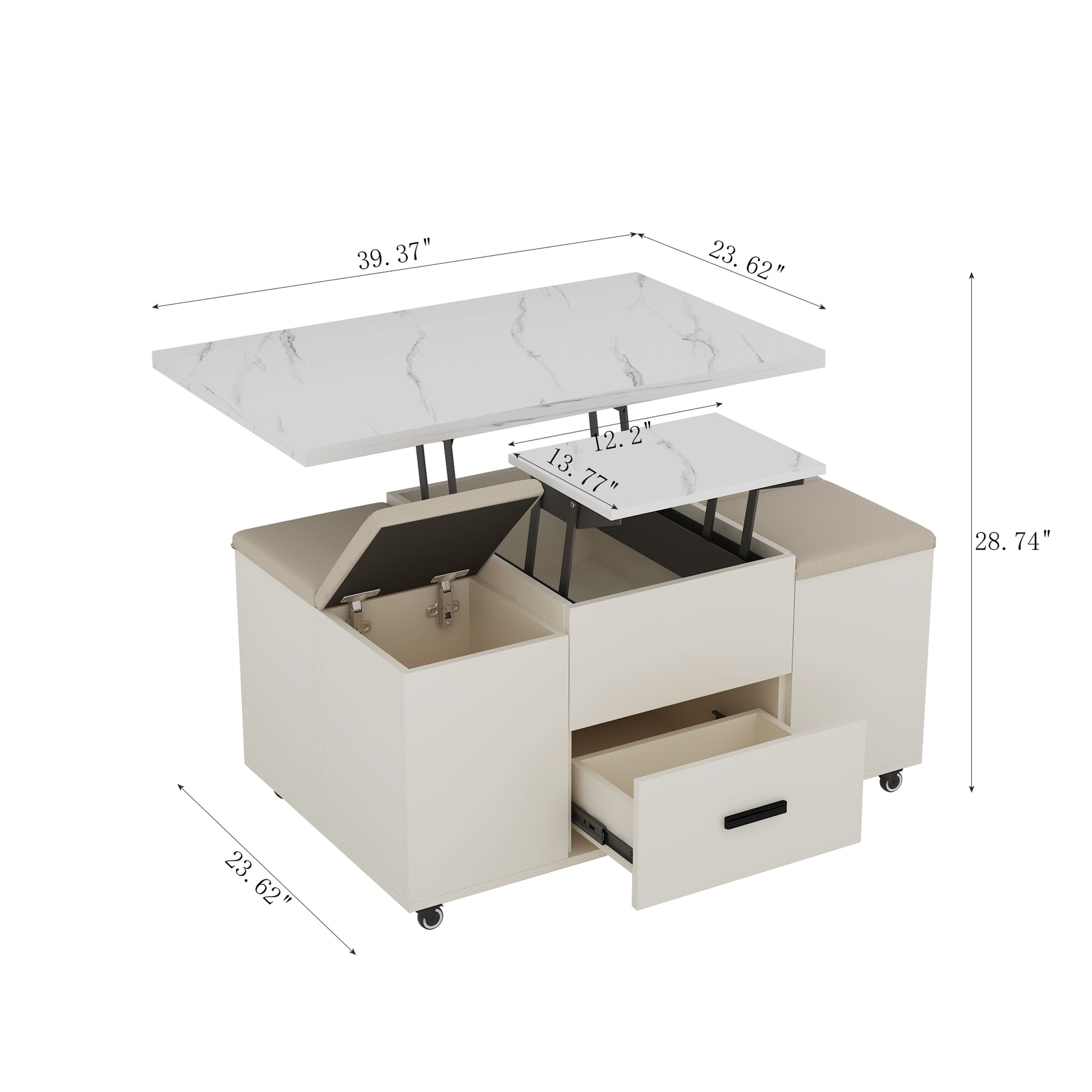 Modern Lift Up Coffee Table With 4 Stools Set For Living Room Expandable 1 Hidden Storage 2 Drawers Space Saving Folding Dining Table White Mdf