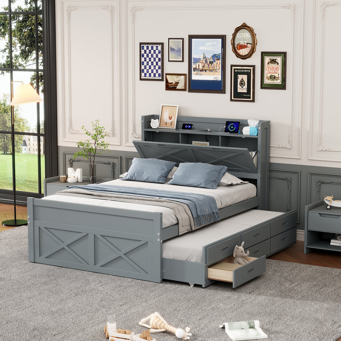 Full Size Wooden Bed With Storage Headboard With Outlets, Extendable Bed With Twin Size Trundle With Three Storage Drawers,Gray Full Gray Wood
