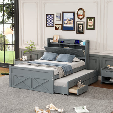 Full Size Wooden Bed With Storage Headboard With Outlets, Extendable Bed With Twin Size Trundle With Three Storage Drawers,Gray Full Gray Wood