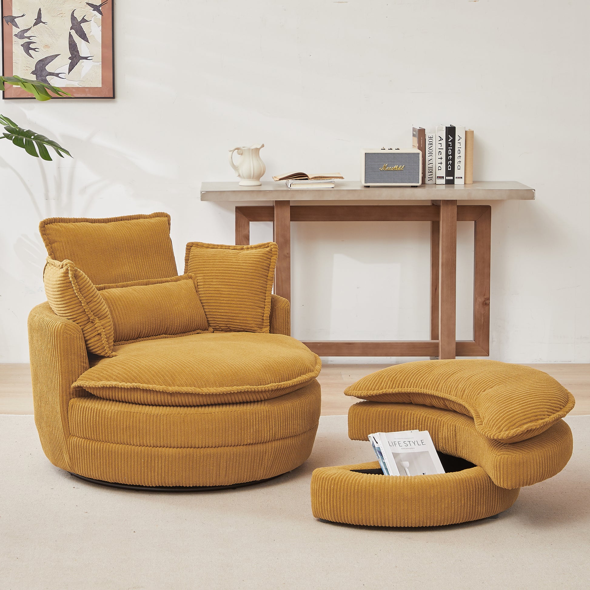 38"W Oversized Swivel Chair With Moon Storage Ottoman For Living Room, Modern Accent Round Loveseat Circle Swivel Barrel Chairs For Bedroom Cuddle Sofa Chair Lounger Armchair, 4 Pillows,Corduroy Yellow Foam Corduroy 1 Seat