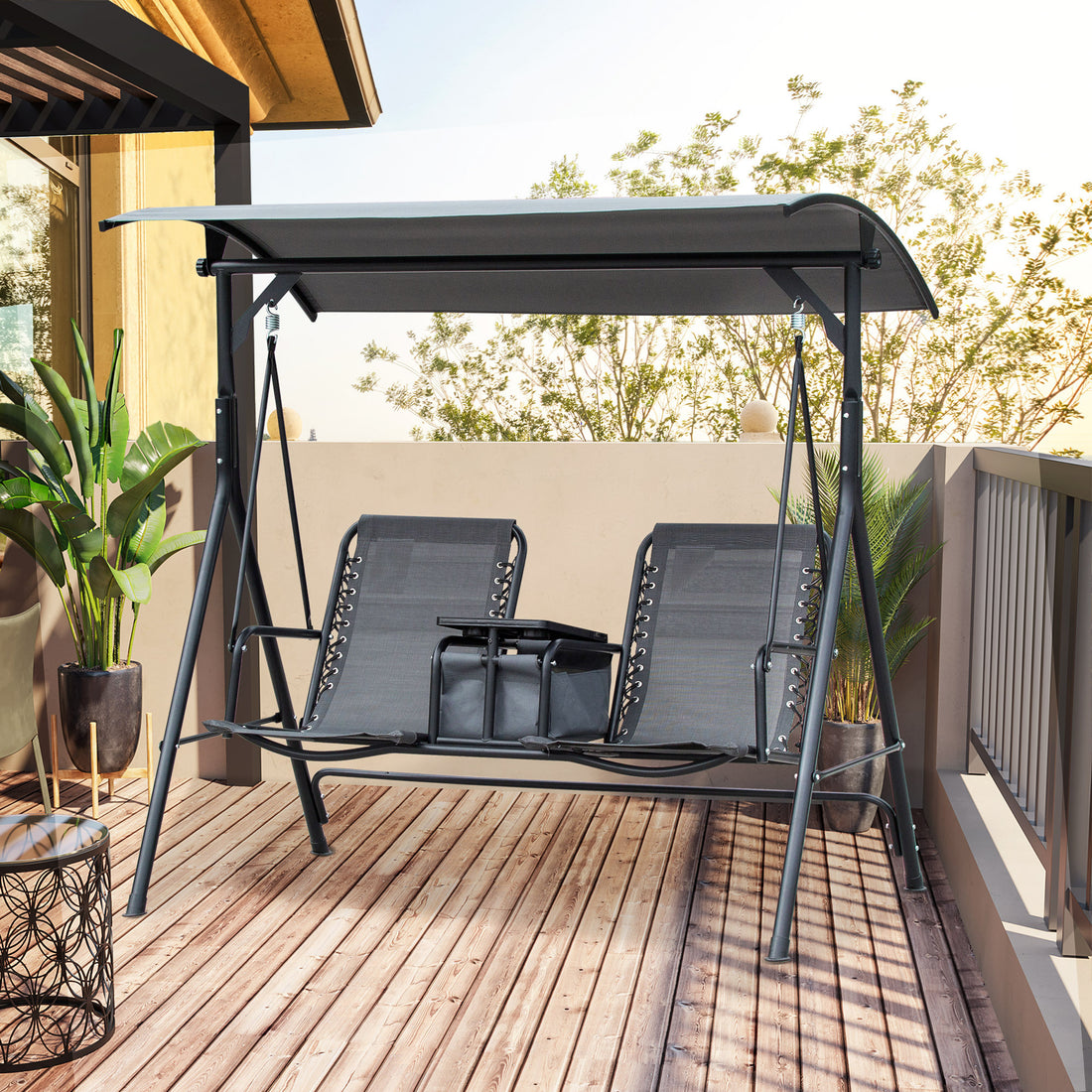 Outsunny 2 Seat Patio Swing Chair, Outdoor Canopy Swing Glider With Pivot Storage Table, Cup Holder, Adjustable Shade, Bungie Seat Suspension And Weather Resistant Steel Frame, Grey Gray Steel
